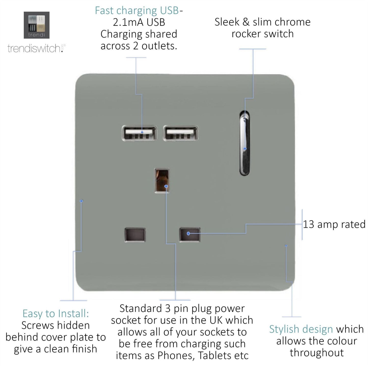 Trendi Switch 1 Gang USB 2100mA Plug Socketin Platinum Silver