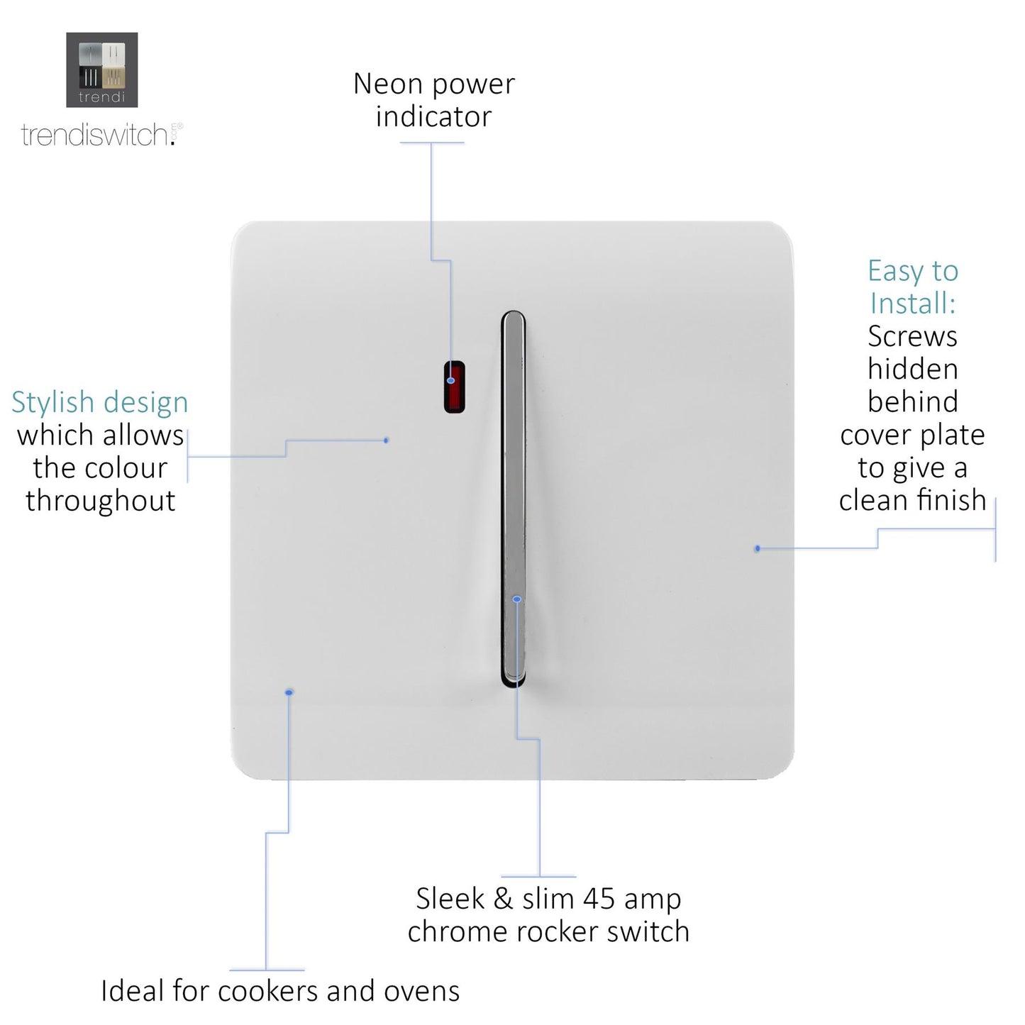 Trendi Switch 1 Gang 45 Amp Cooker Switch with Neon in Ice White