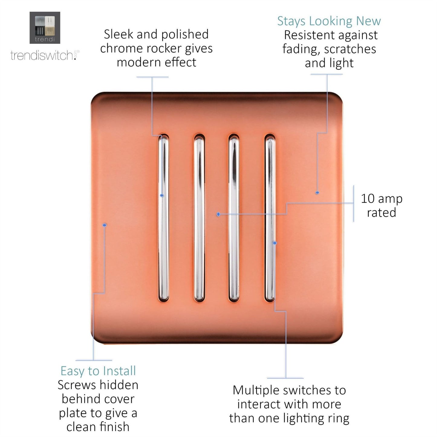 Trendi Switch 4 Gang 1 or 2 way Rocker Light Switchin Copper