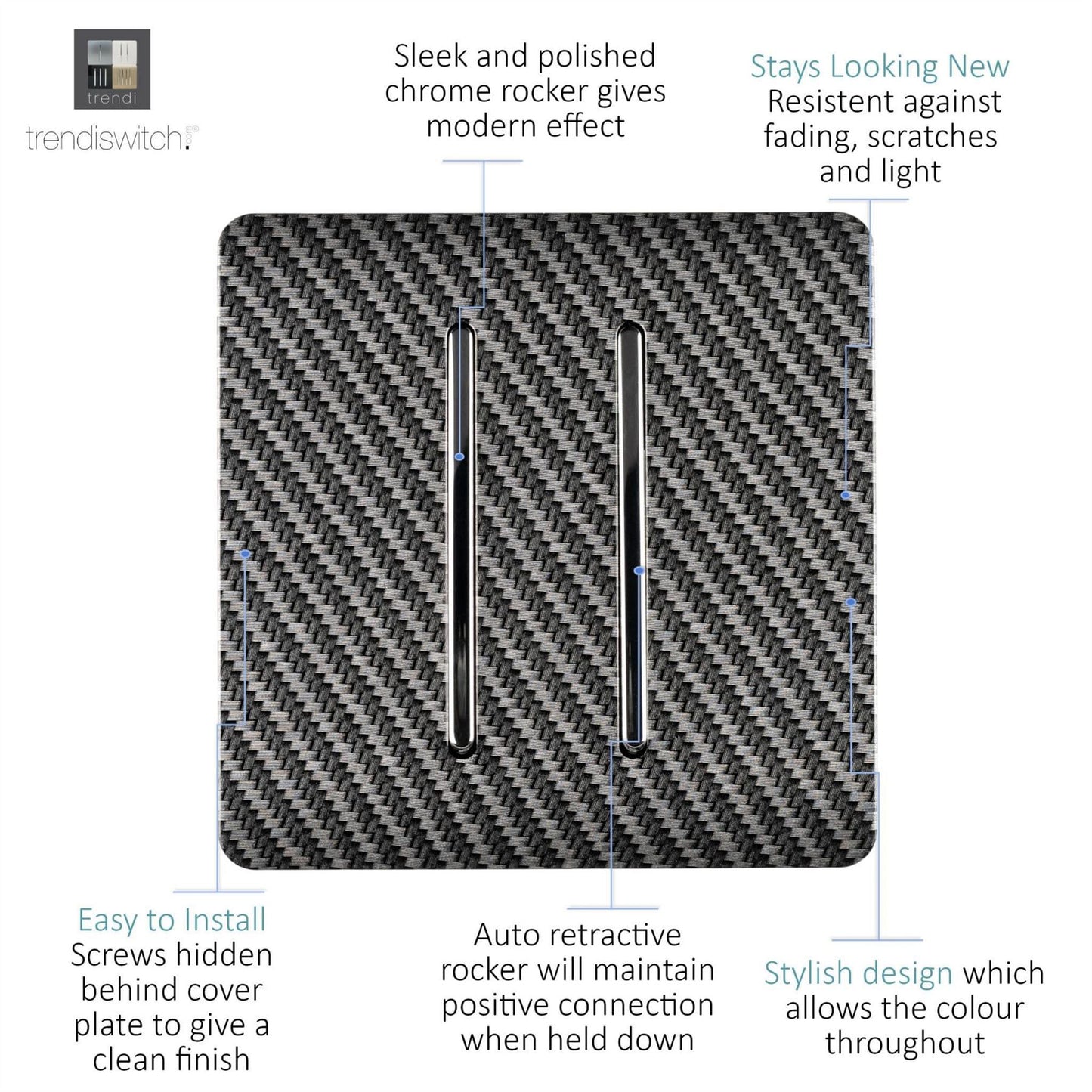 Trendi Switch 2 Gang Retractive Doorbell Switchin Carbon Fibre