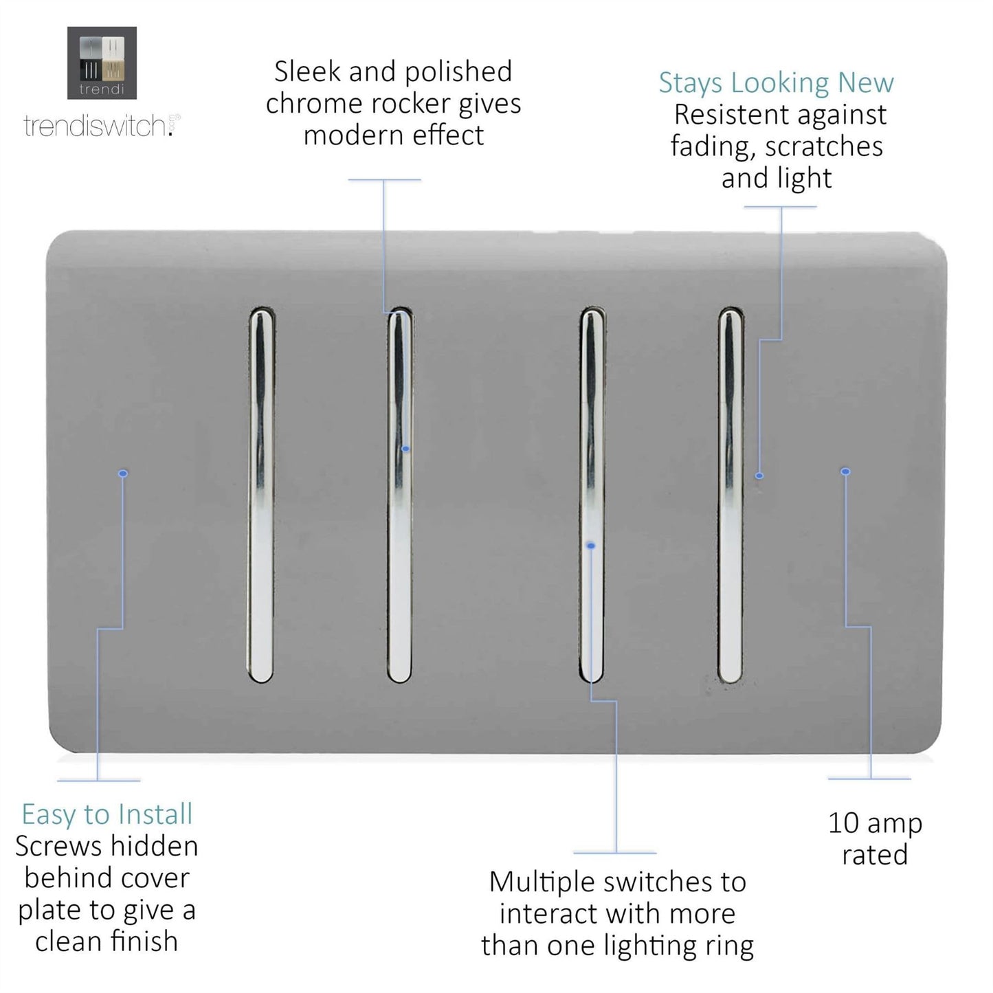 Trendi Switch 4 Gang Light Switch (3x 1 or 2 Way & 1 x Intermediate)in Light Grey