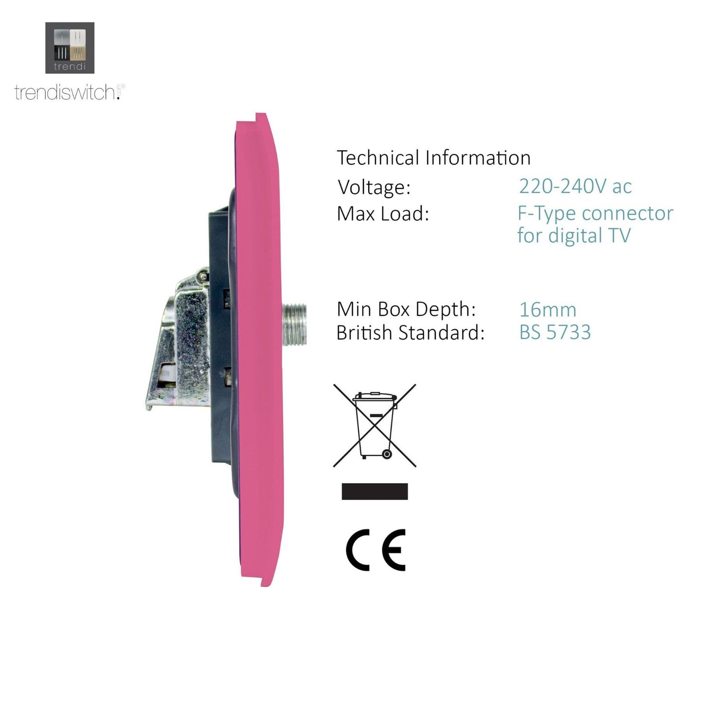 Trendi Switch 1 Gang Male F-Type Satellite Television Socketin Candy Pink
