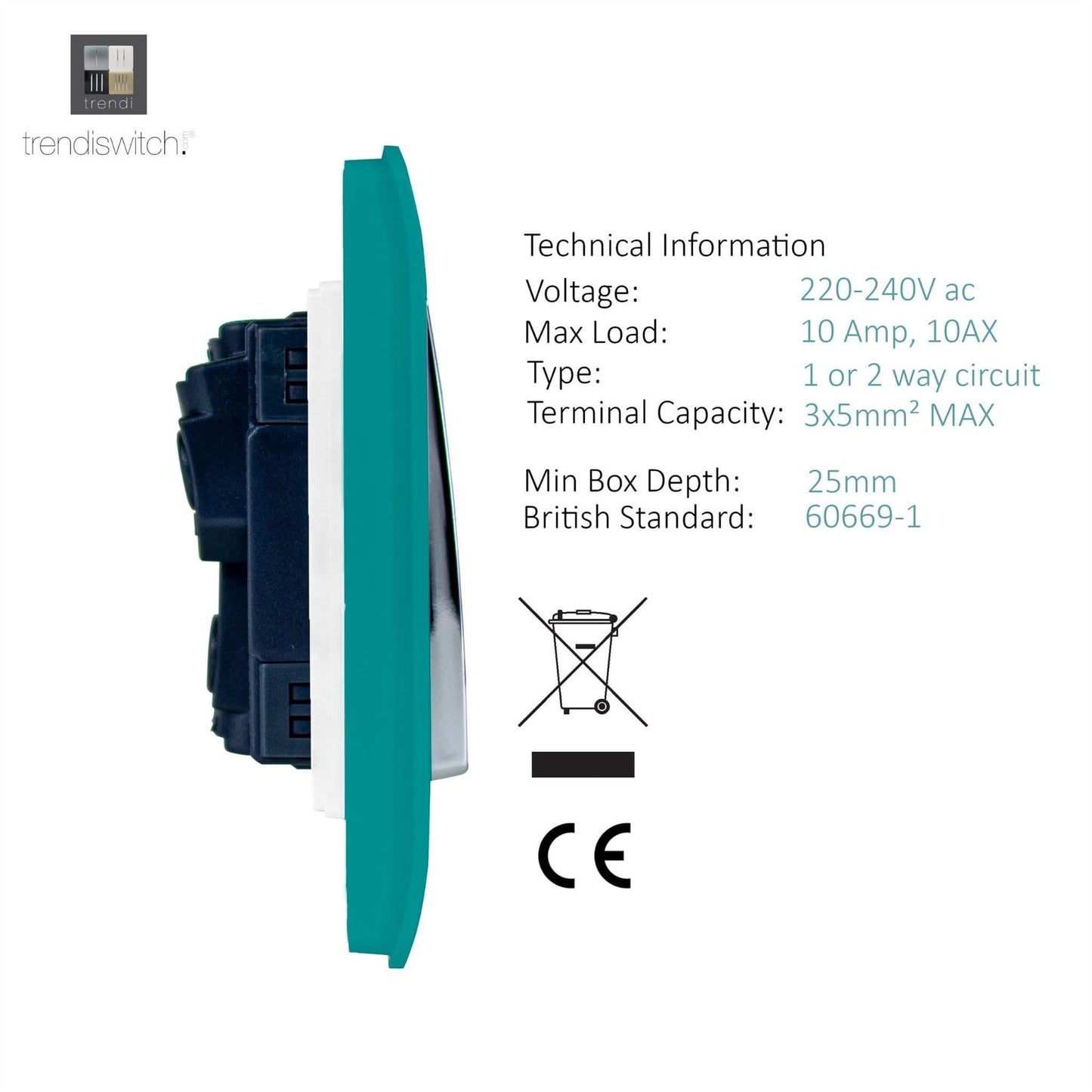 Trendi Switch 1 Gang 1 or 2 way Rocker Light Switchin Bright Teal