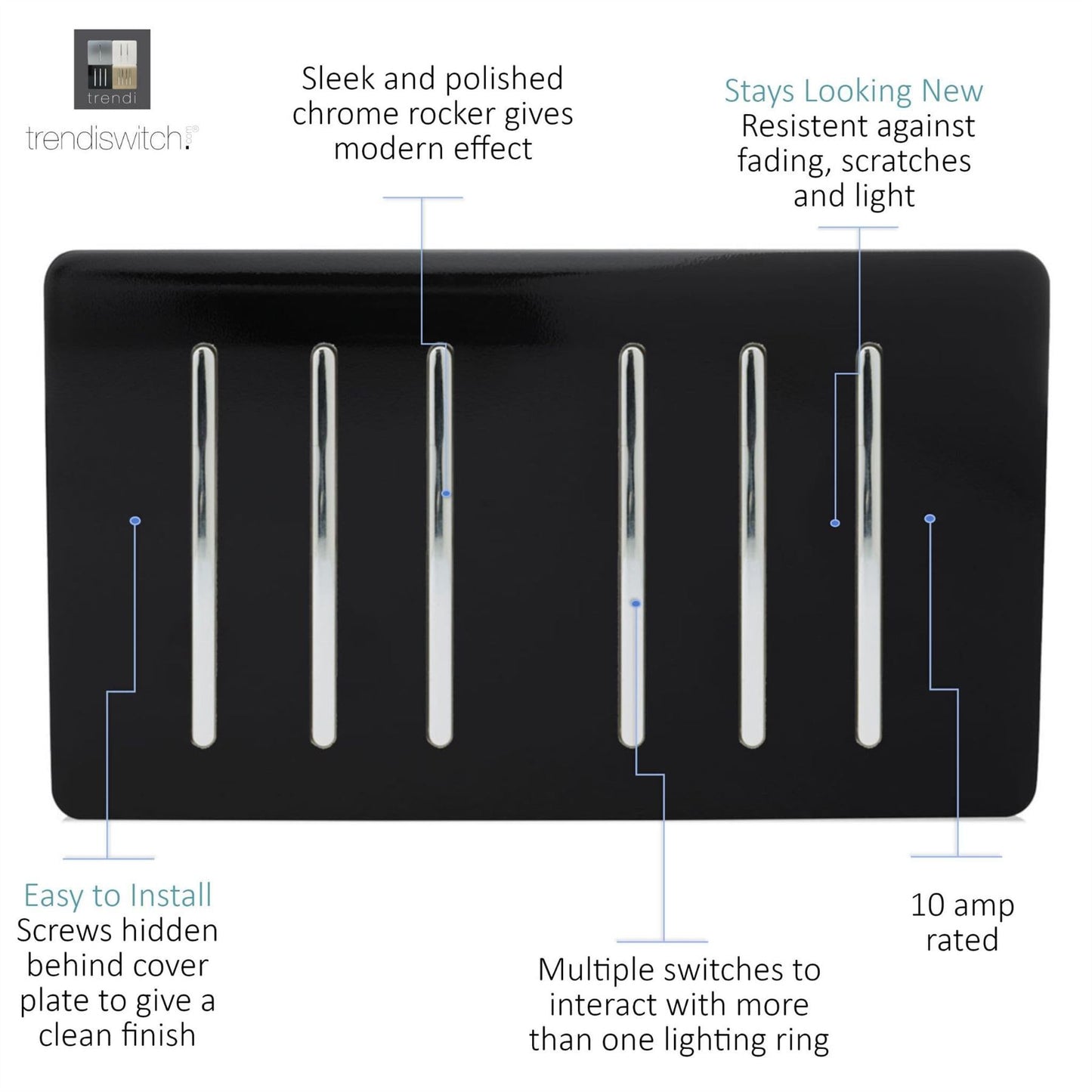 Trendi Switch 6 Gang 1 or 2 Way Light Switchin Piano Black