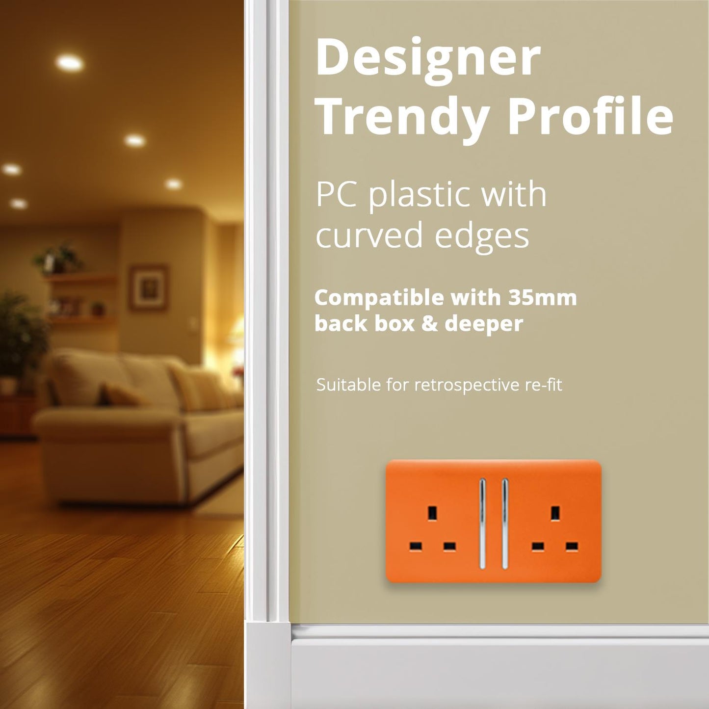 Trendi Switch 2 Gang Long Switched Plug Socketin Sunset Orange