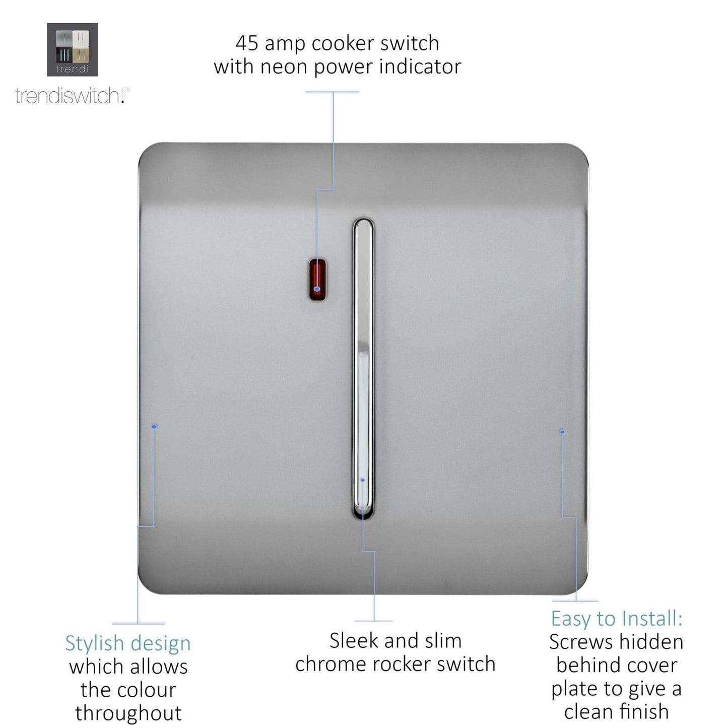 Trendi Switch 1 Gang 45 Amp Cooker Switch with Neonin Brushed Steel