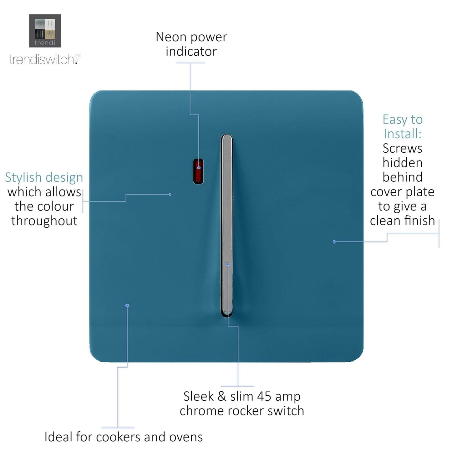 Trendi Switch 1 Gang 45 Amp Cooker Switch with Neonin Ocean Blue