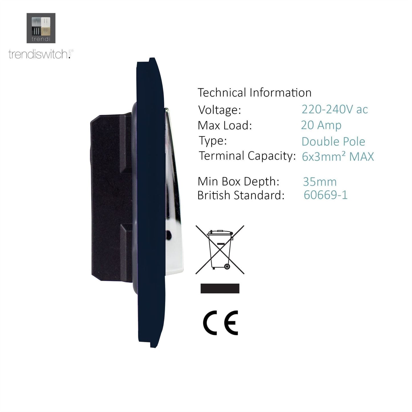Trendi Switch 1 Gang 20 Amp Heavy Duty Rocker Switchin Navy Blue