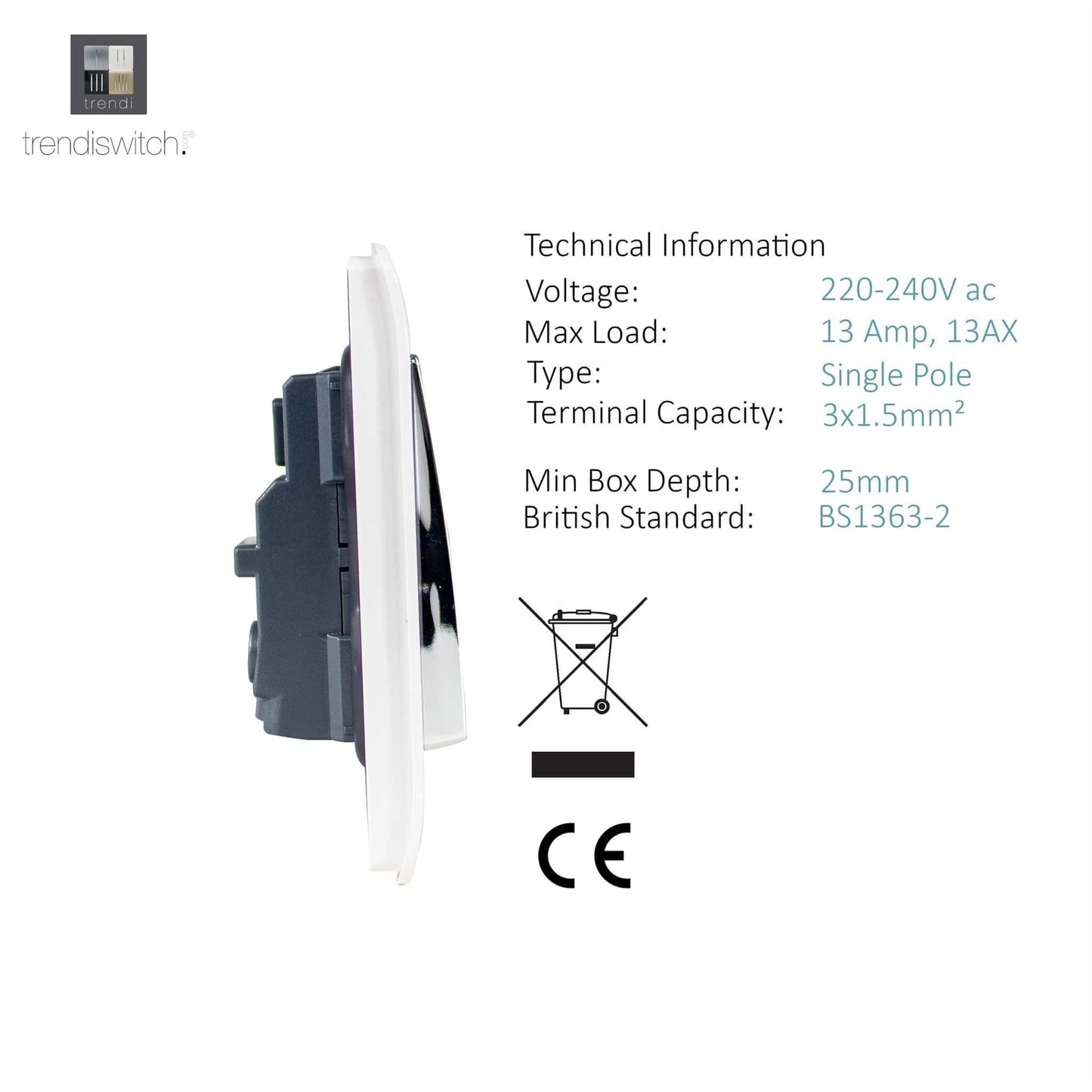 Trendi Switch 1 Gang 13 Amp Switched Plug Socketin Ice White
