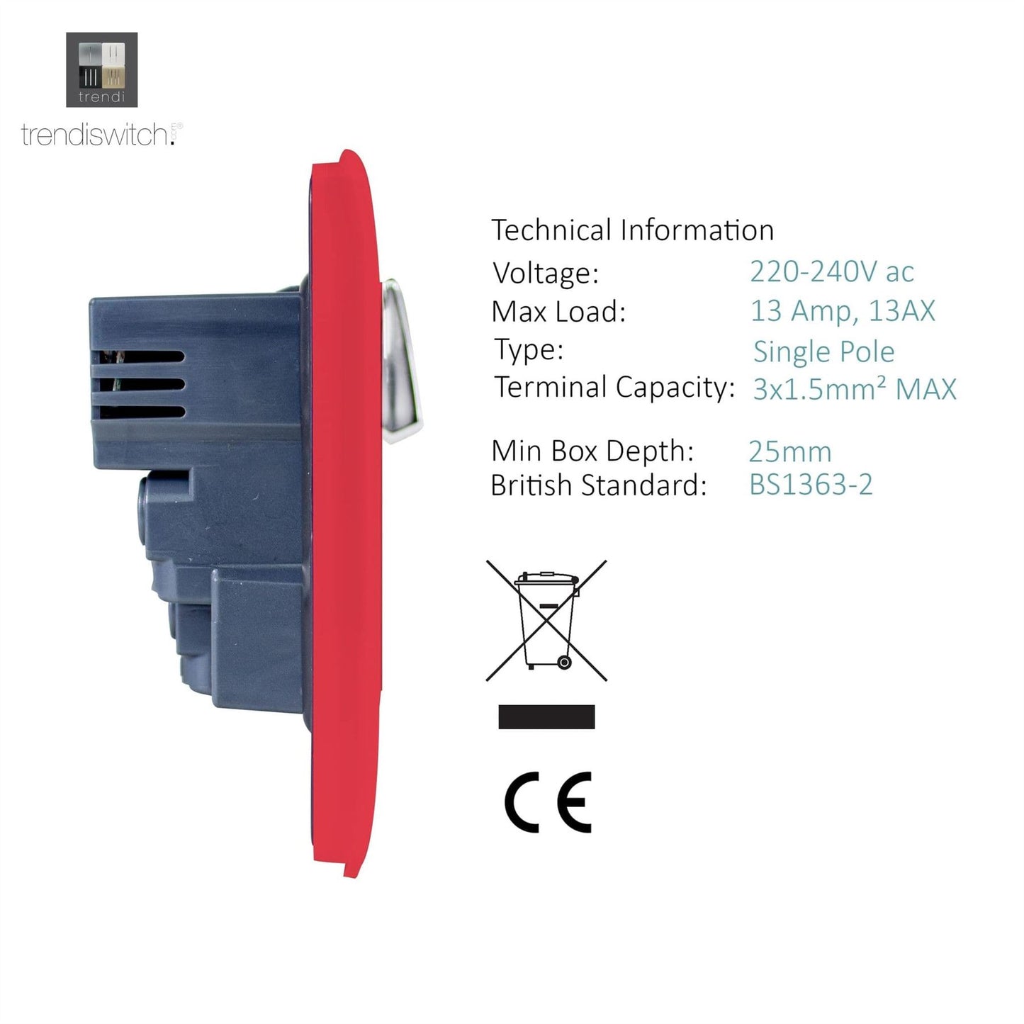 Trendi Switch 1 Gang USB 2100mA Plug Socketin Strawberry Red