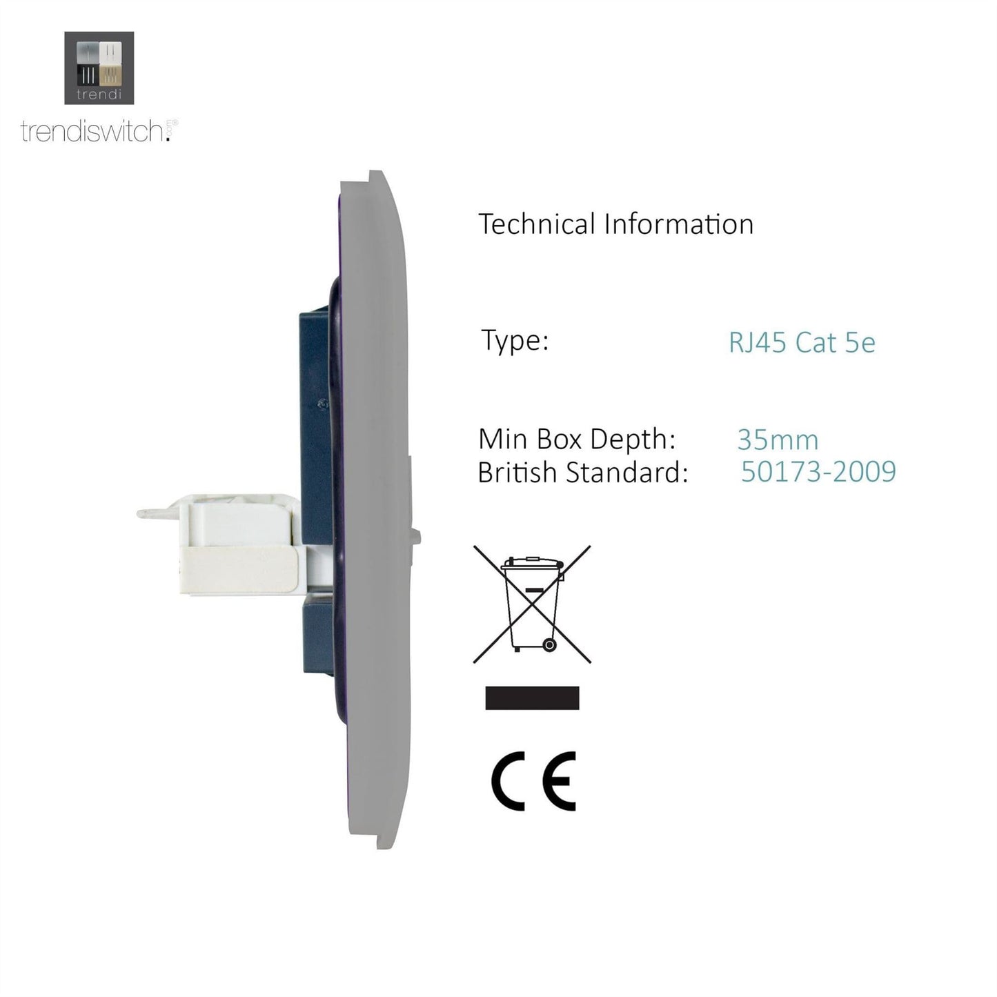 Trendi Switch 1 Gang RJ45 Cat 5e PC Ethernet Socketin Light Grey