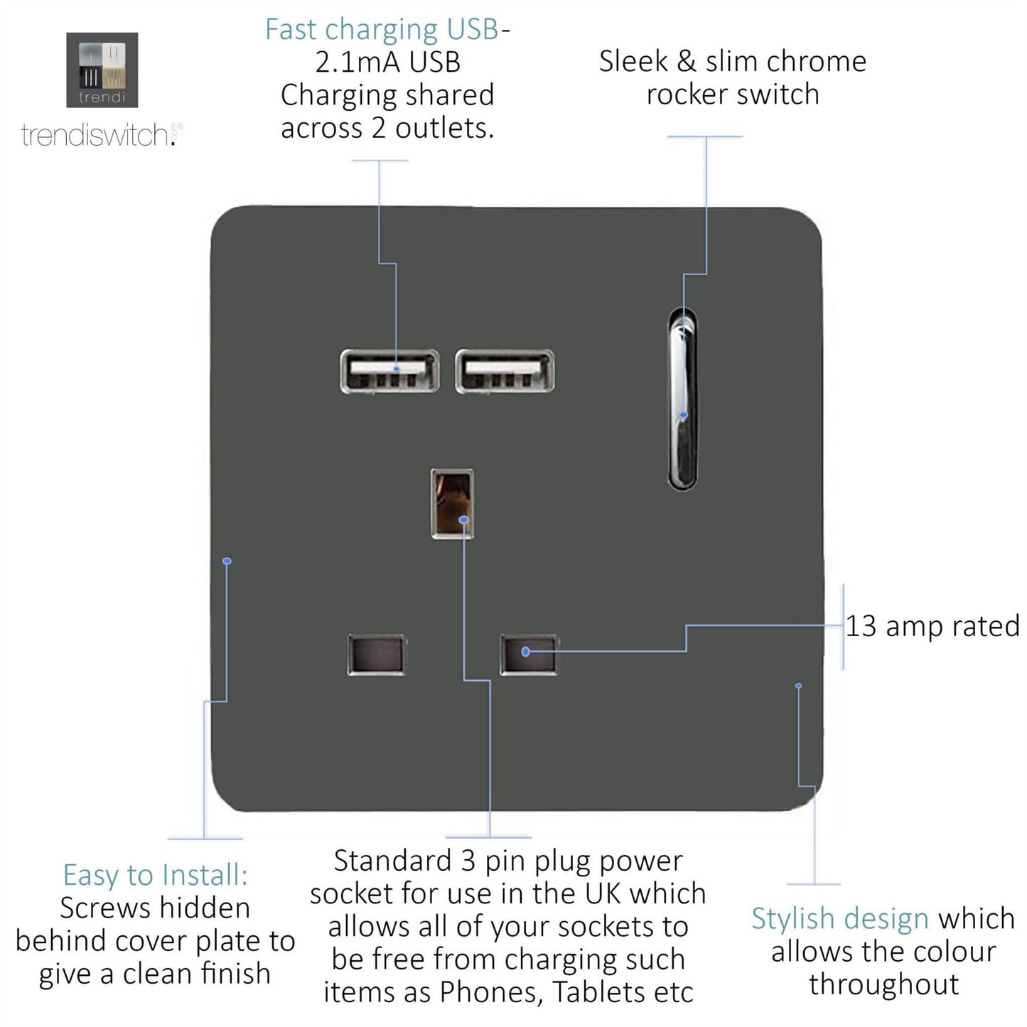 Trendi Switch 1 Gang USB 2100mA Plug Socketin Charcoal Grey