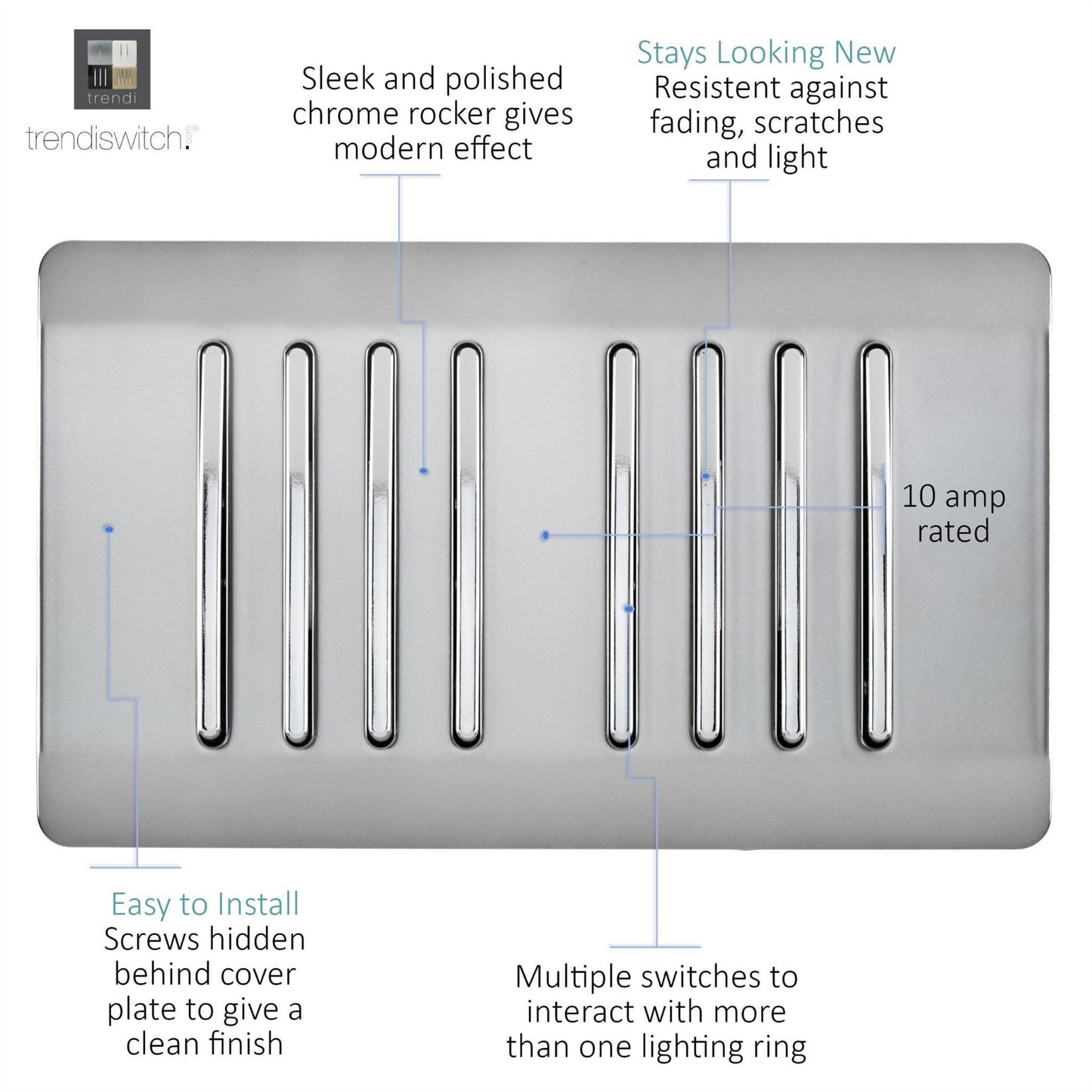 Trendi Switch 8 Gang 1 or 2 Way Light Switchin Brushed Steel