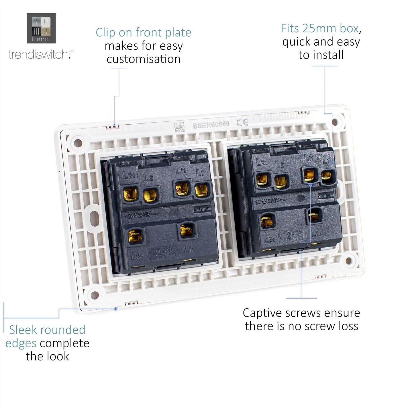 Trendi Switch 4 Gang 1 or 2 Way Light Switch in Ice White