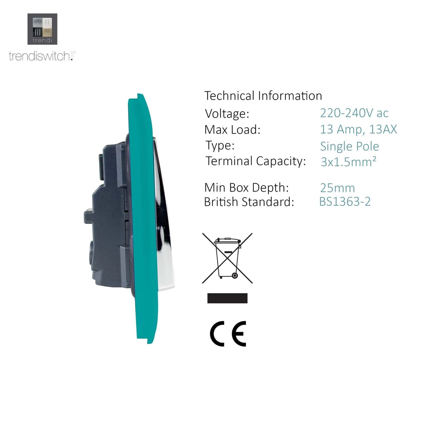 Trendi Switch 1 Gang 13 Amp Switched Plug Socketin Bright Teal