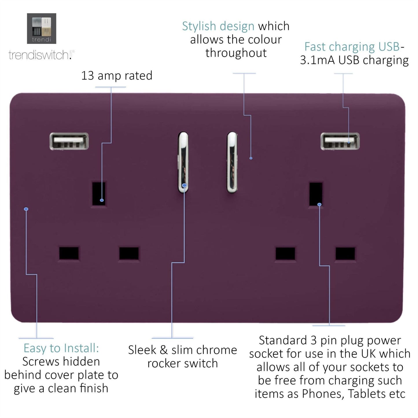 Trendi Switch 2 Gang USB 3100mA Plug Socketin Plum Purple