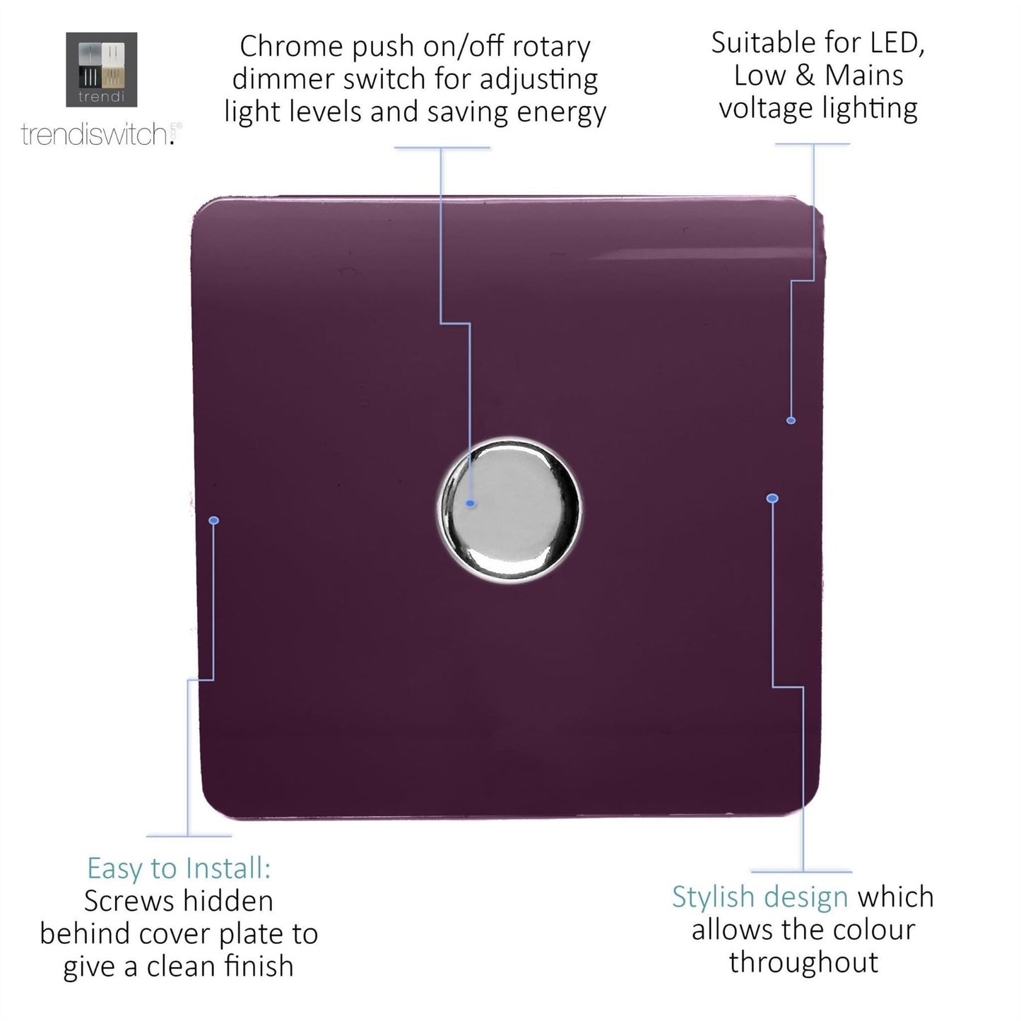 Trendi Switch 1 Gang 1 or 2 way 150w Rotary LED Dimmer Light Switchin Plum Purple