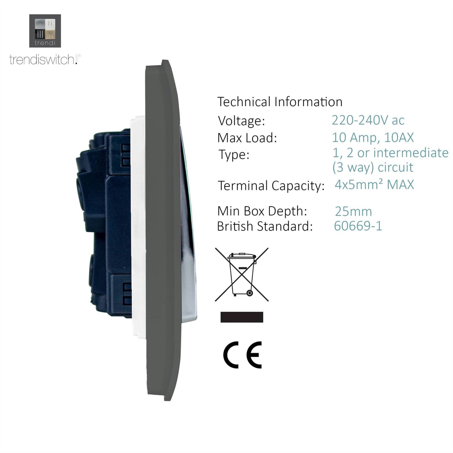 Trendi Switch 4 Gang Light Switch (3x 1 or 2 Way & 1 x Intermediate)in Charcoal Grey