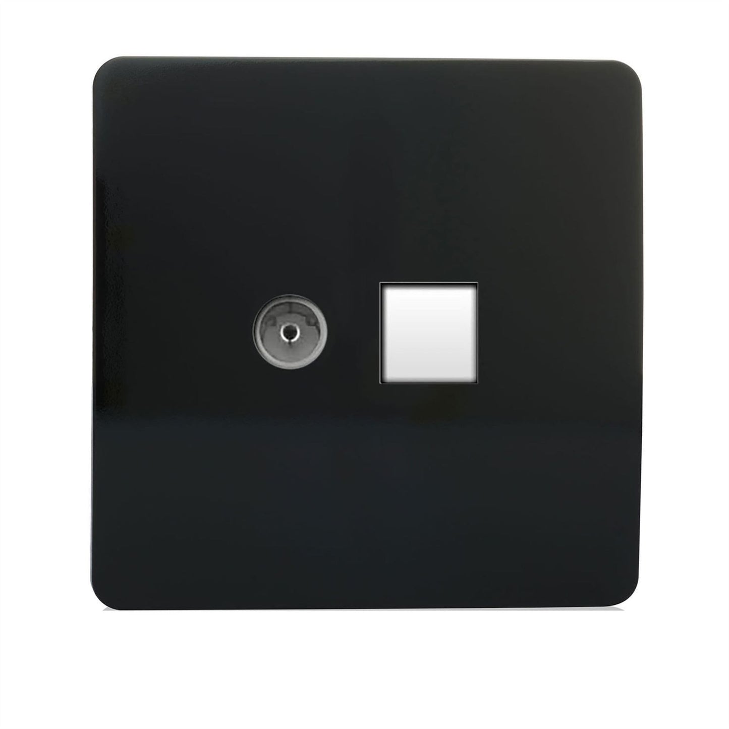 Trendi Switch 2 Gang TV Co-Axial & RJ45 Cat 6 Modern Designer PC Ethernet Socketsin Piano Black