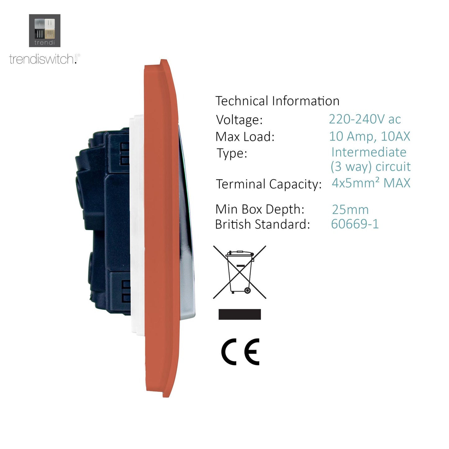 Trendi Switch 4 Gang Light Switch (3x 1 or 2 Way & 1 x Intermediate)in Copper