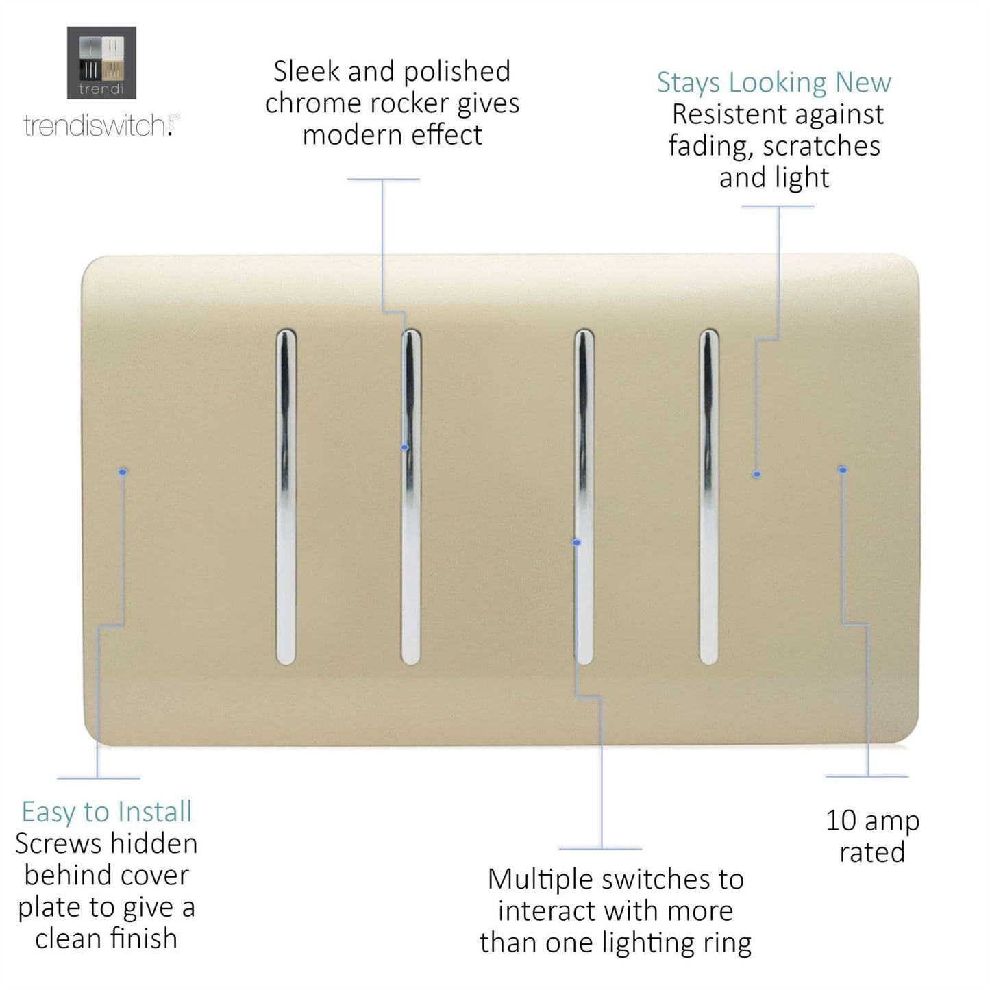 Trendi Switch 4 Gang Light Switch (2x 1 or 2 Way & 2 x Intermediate)in Champagne Gold
