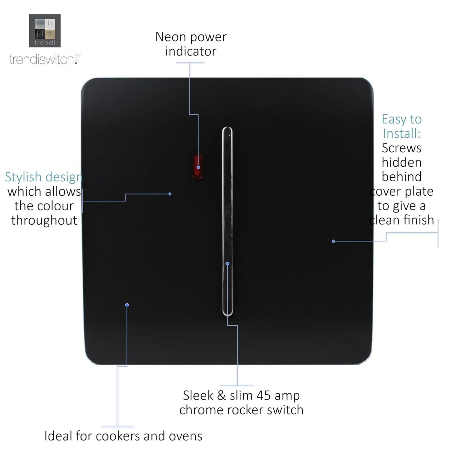Trendi Switch 1 Gang 45 Amp Cooker Switch with Neonin Piano Black