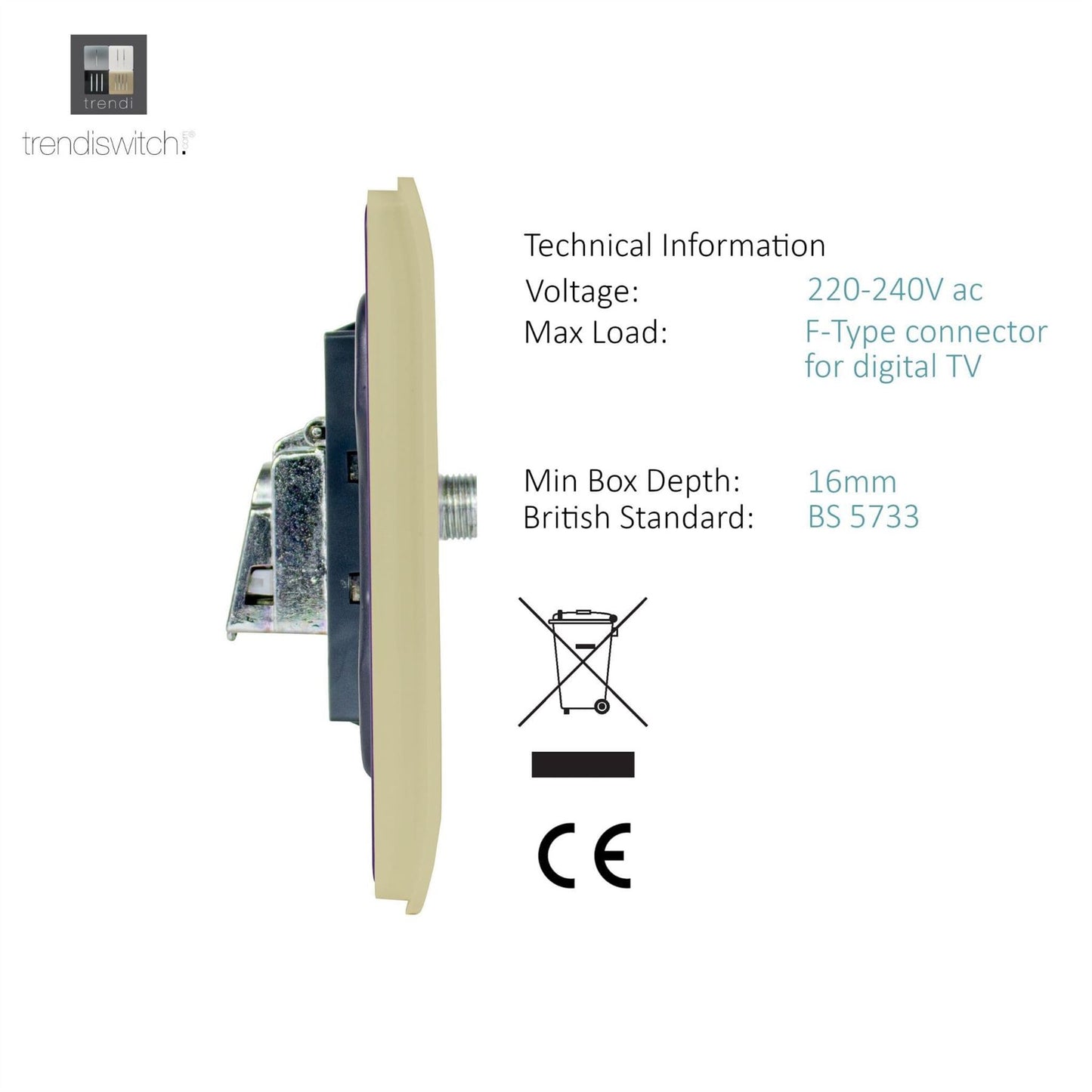 Trendi Switch 1 Gang Male F-Type Satellite Television Socketin Champagne Gold