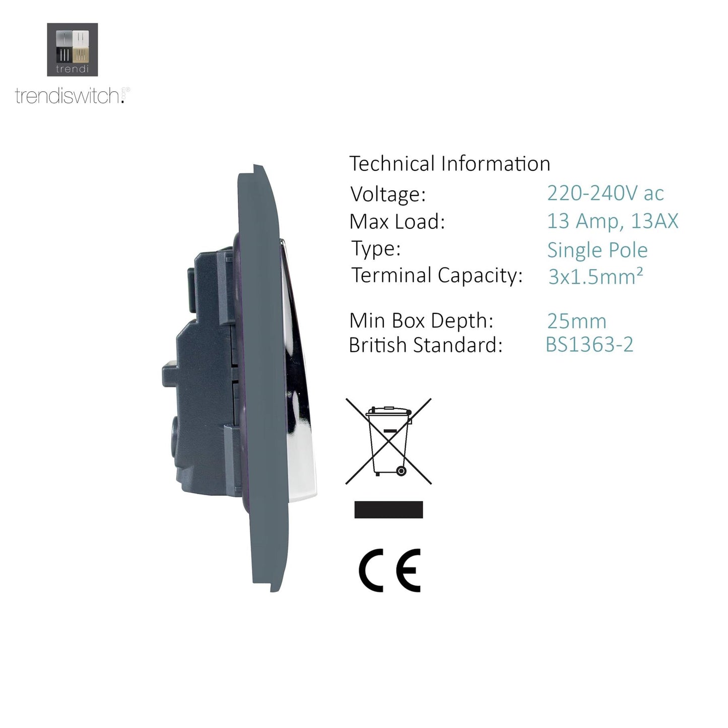 Trendi Switch 1 Gang 13 Amp Switched Plug Socketin Warm Grey