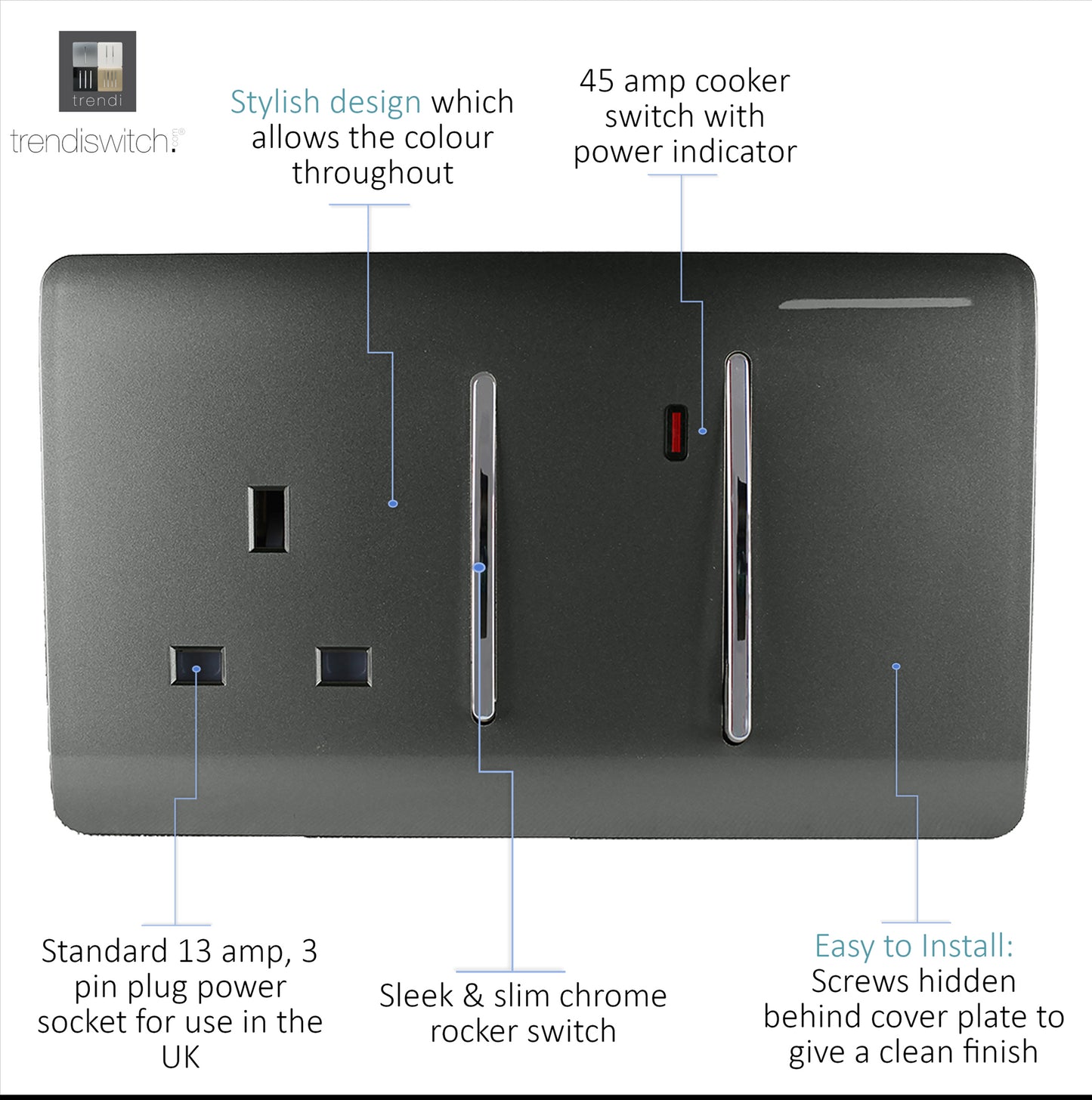 Trendi Switch 45 Amp Cooker Switch & 13 Amp Plug Socket with Neonin Charcoal Grey