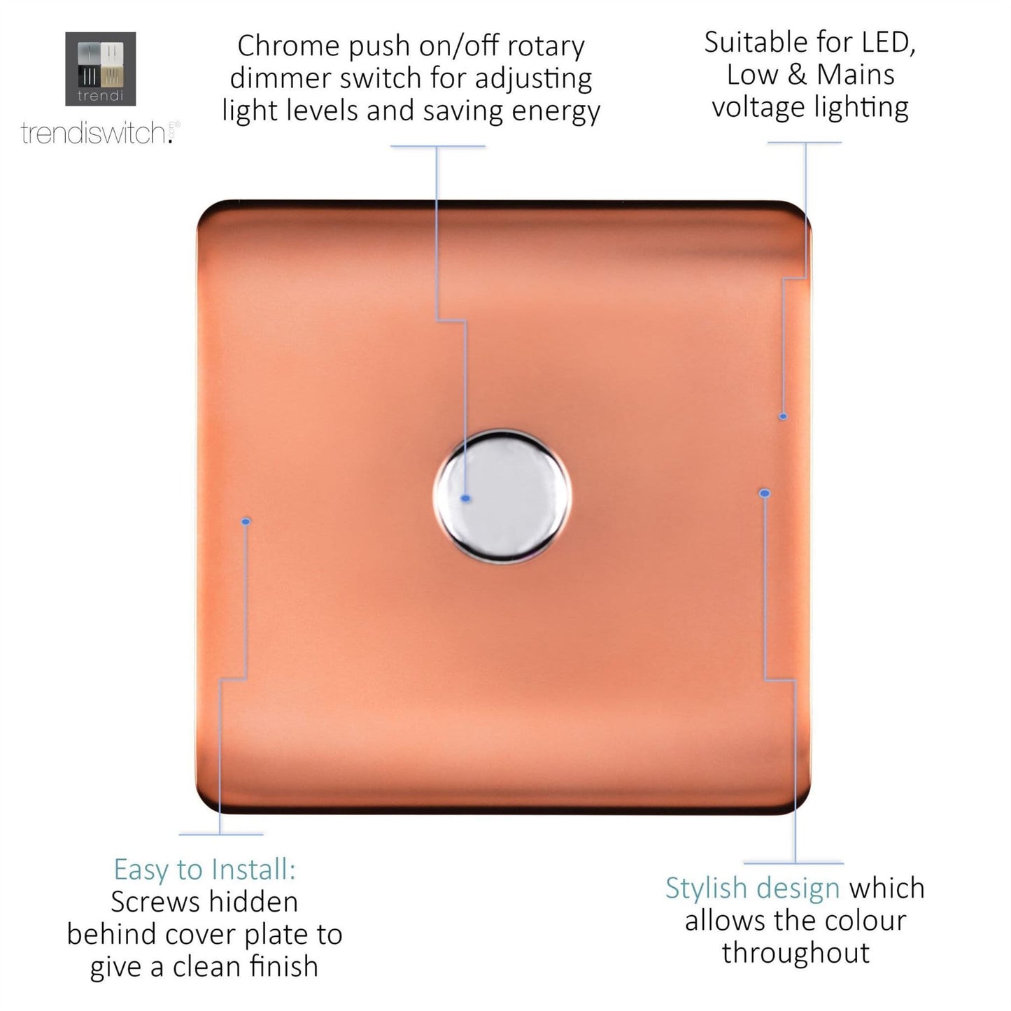 Trendi Switch 1 Gang 1 or 2 way 150w Rotary LED Dimmer Light Switchin Copper