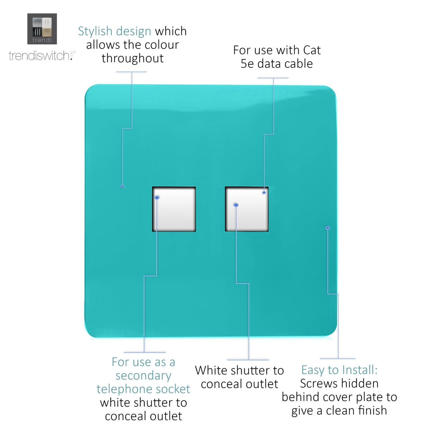 Trendi Switch 2 Gang RJ45 Cat 5e PC Ethernet & Telephone Slave Socketsin Bright Teal