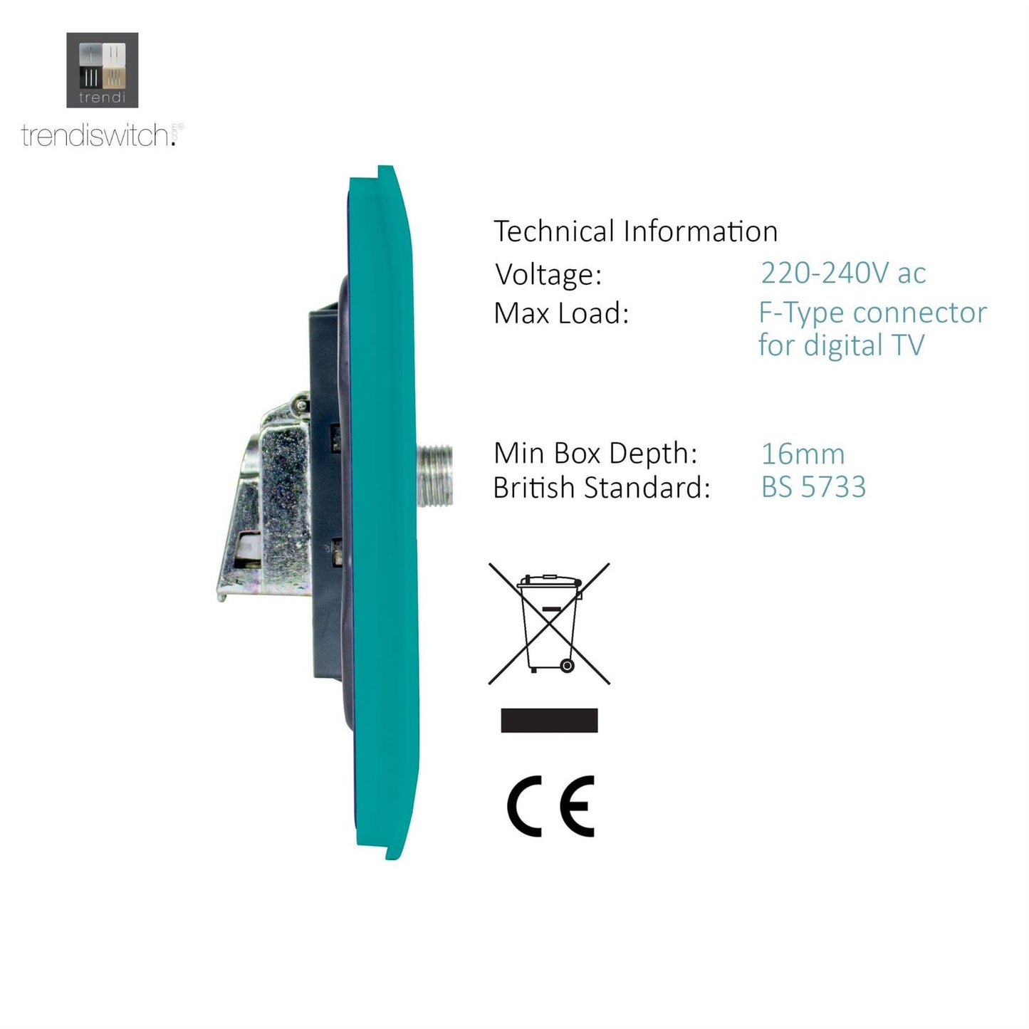 Trendi Switch 1 Gang Male F-Type Satellite Television Socketin Bright Teal
