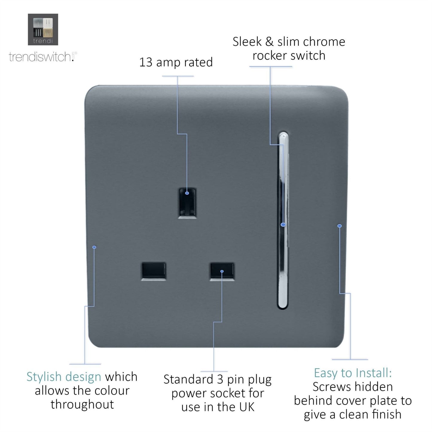 Trendi Switch 1 Gang 13 Amp Switched Plug Socketin Warm Grey