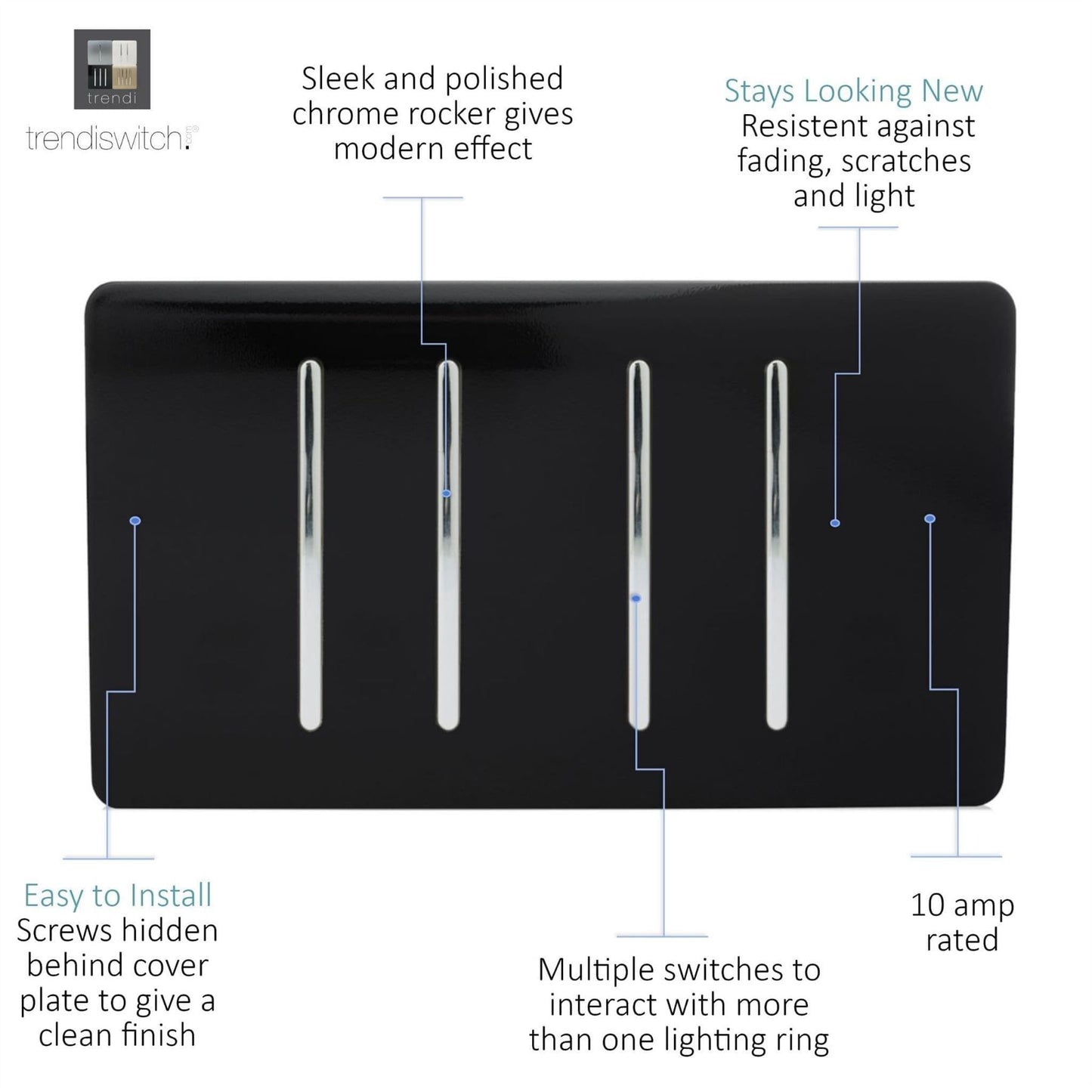 Trendi Switch 4 Gang Light Switch (2x 1 or 2 Way & 2 x Intermediate)in Piano Black
