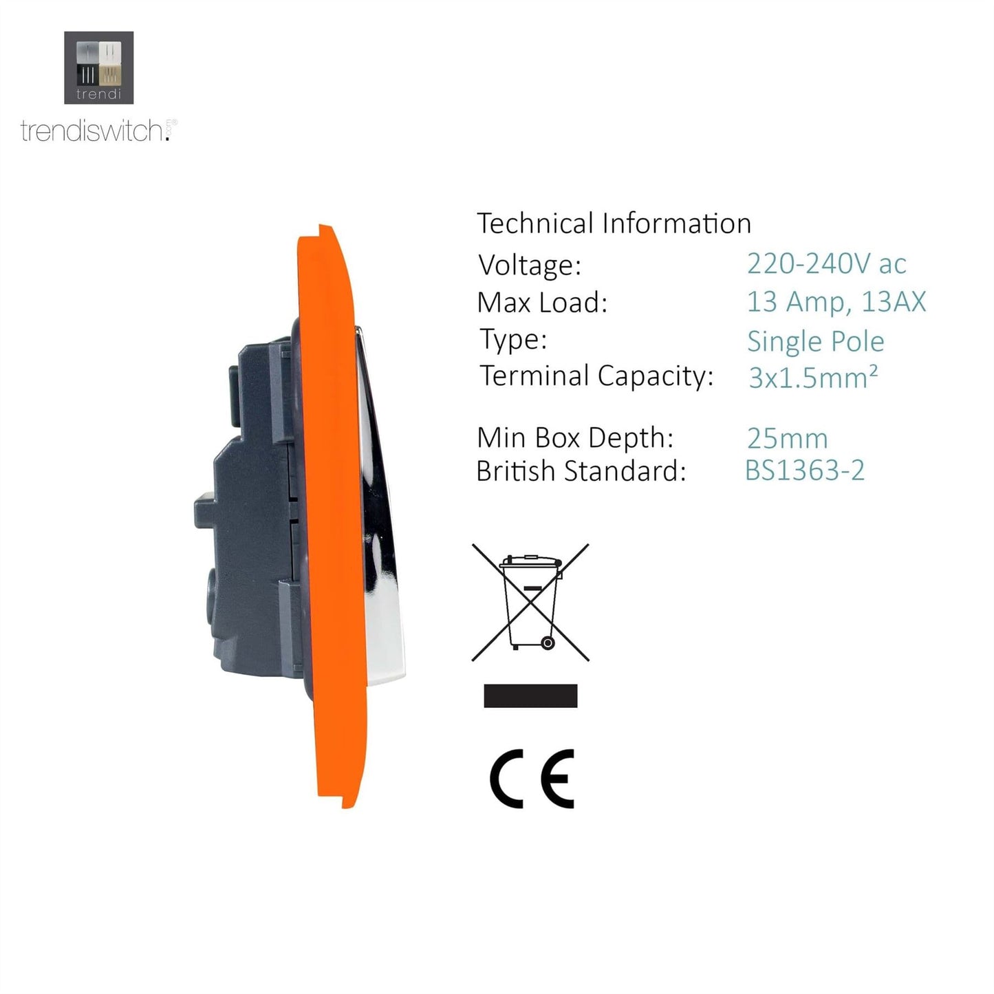 Trendi Switch 1 Gang 13 Amp Switched Plug Socketin Sunset Orange