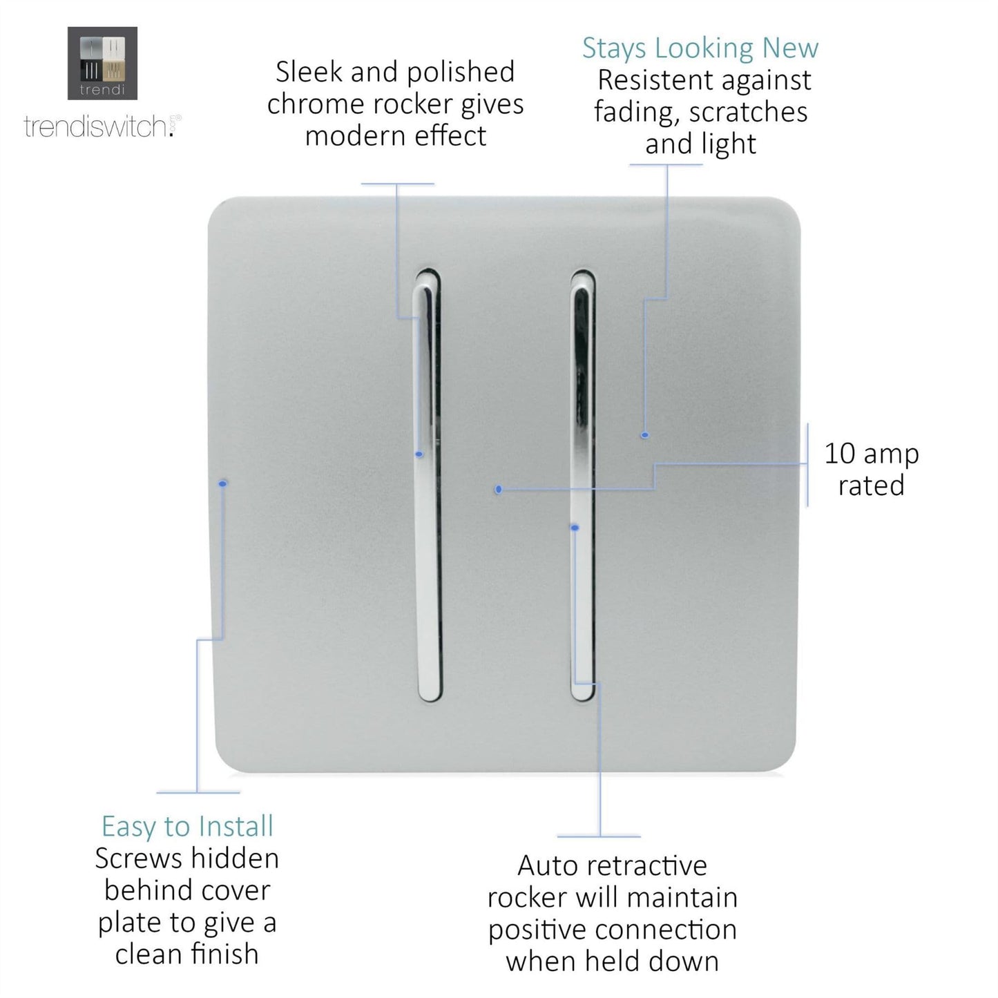 Trendi Switch 2 Gang Retractive Doorbell Switchin Platinum Silver