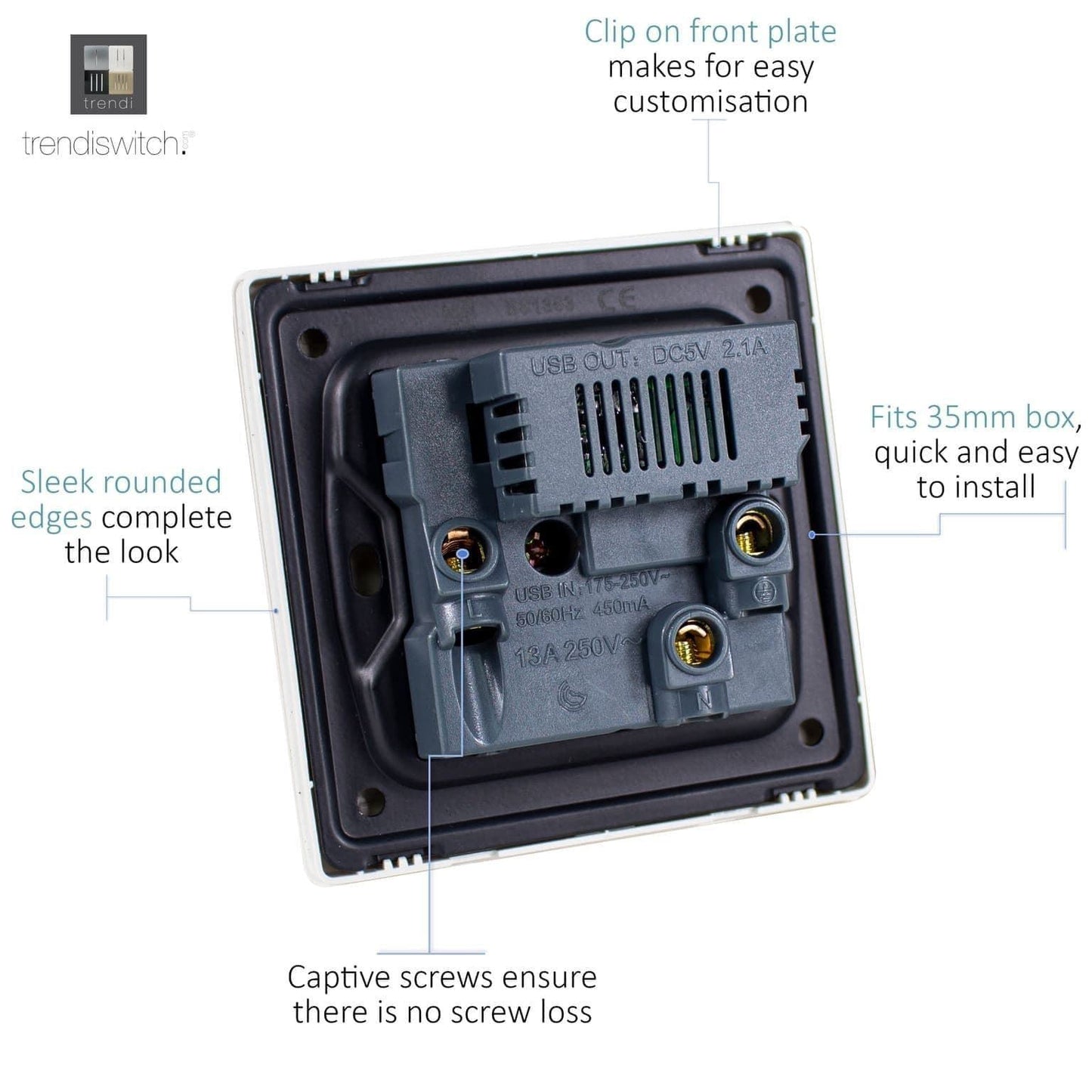 Trendi Switch 1 Gang USB 2100mA Plug Socketin Copper