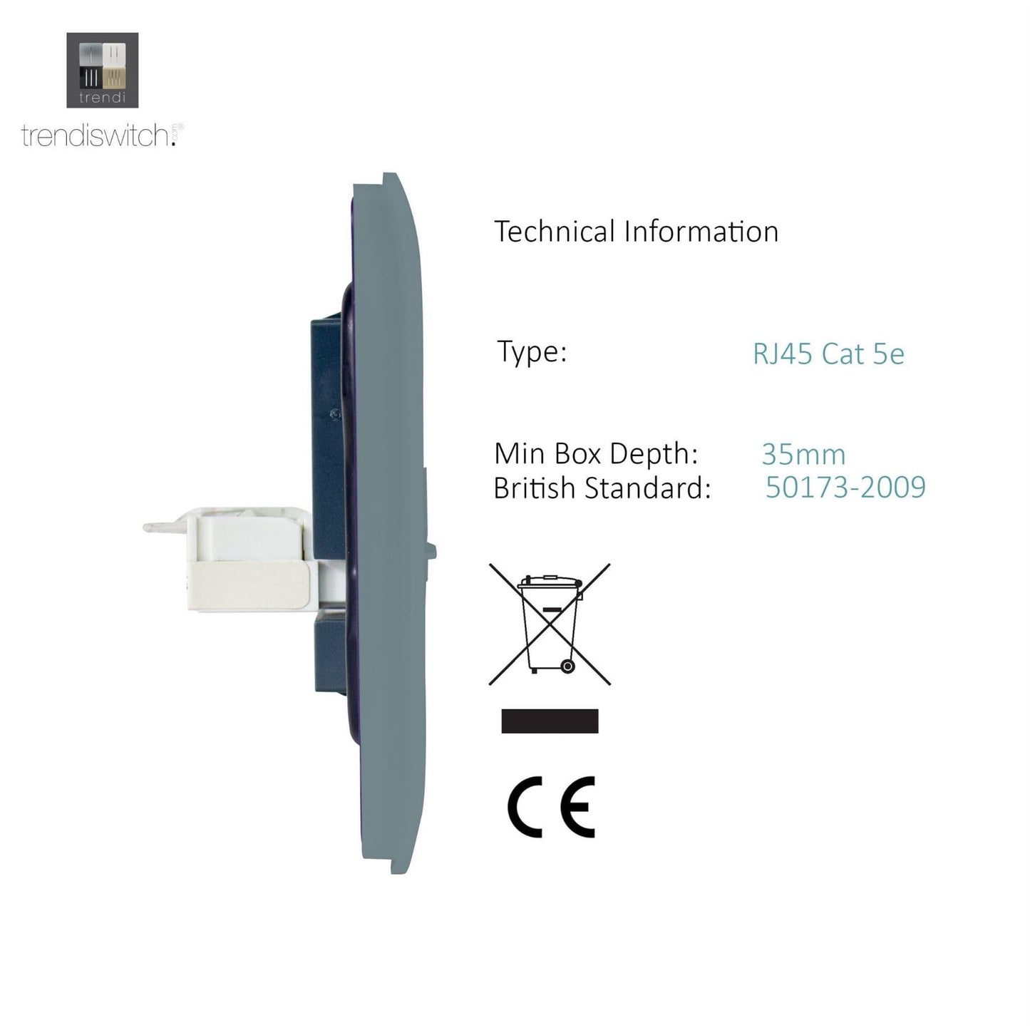 Trendi Switch 1 Gang RJ45 Cat 5e PC Ethernet Socketin Cool Grey