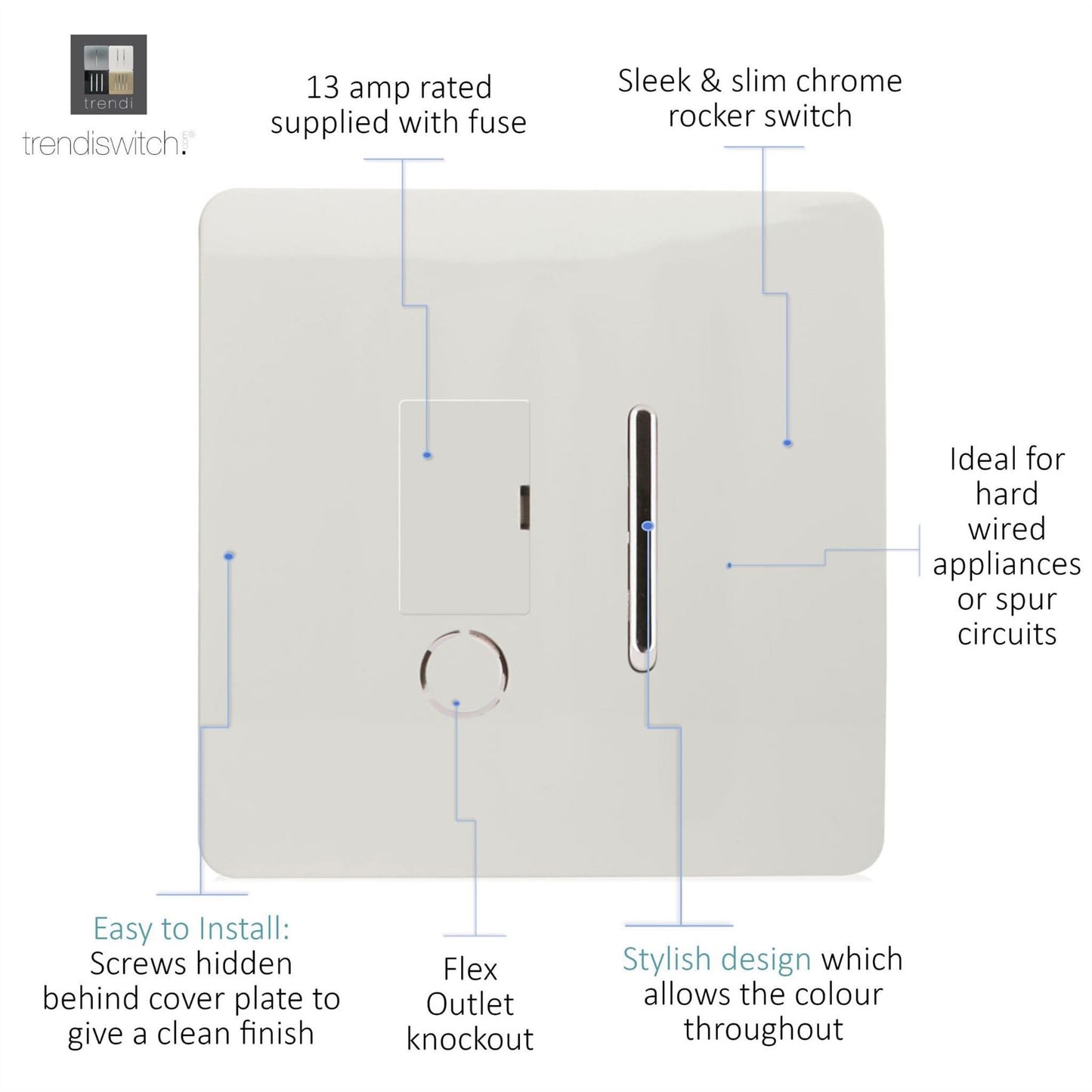 Trendi Switch 13 Amp Fused Spur with Flex Outletin Ice White