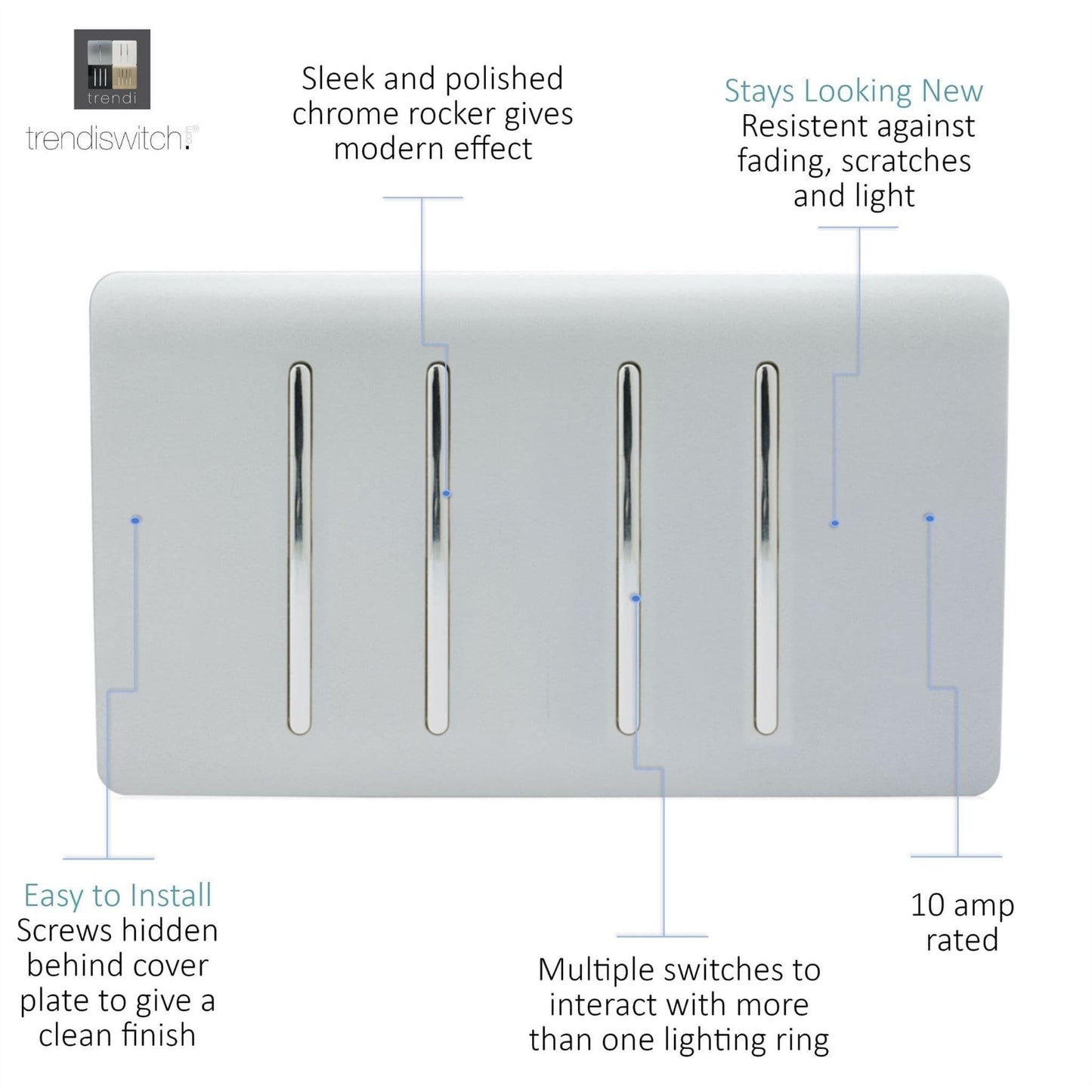 Trendi Switch 4 Gang Light Switch (2x 1 or 2 Way & 2 x Intermediate)in Platinum Silver