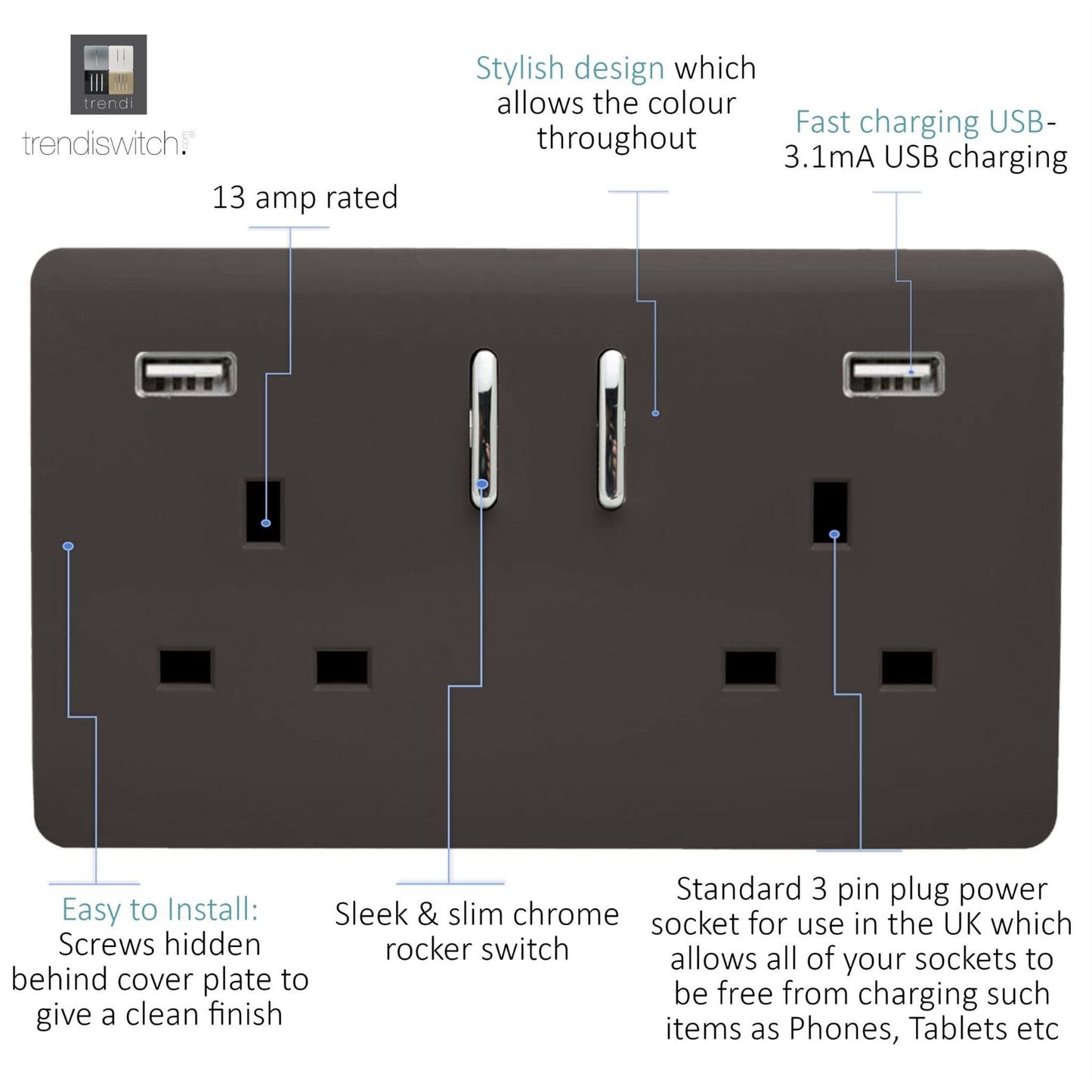 Trendi Switch 2 Gang USB 3100mA Plug Socketin Dark Mocha Brown
