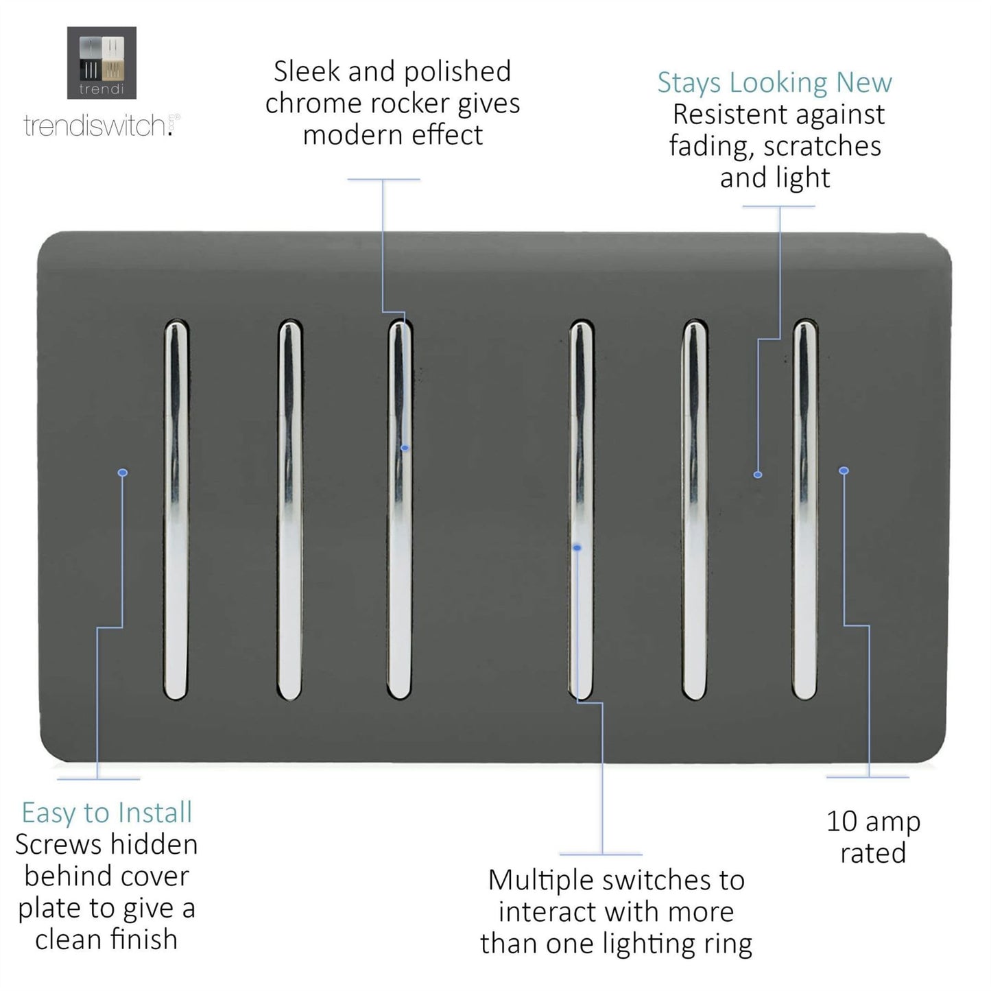 Trendi Switch 6 Gang 1 or 2 Way Light Switchin Charcoal Grey