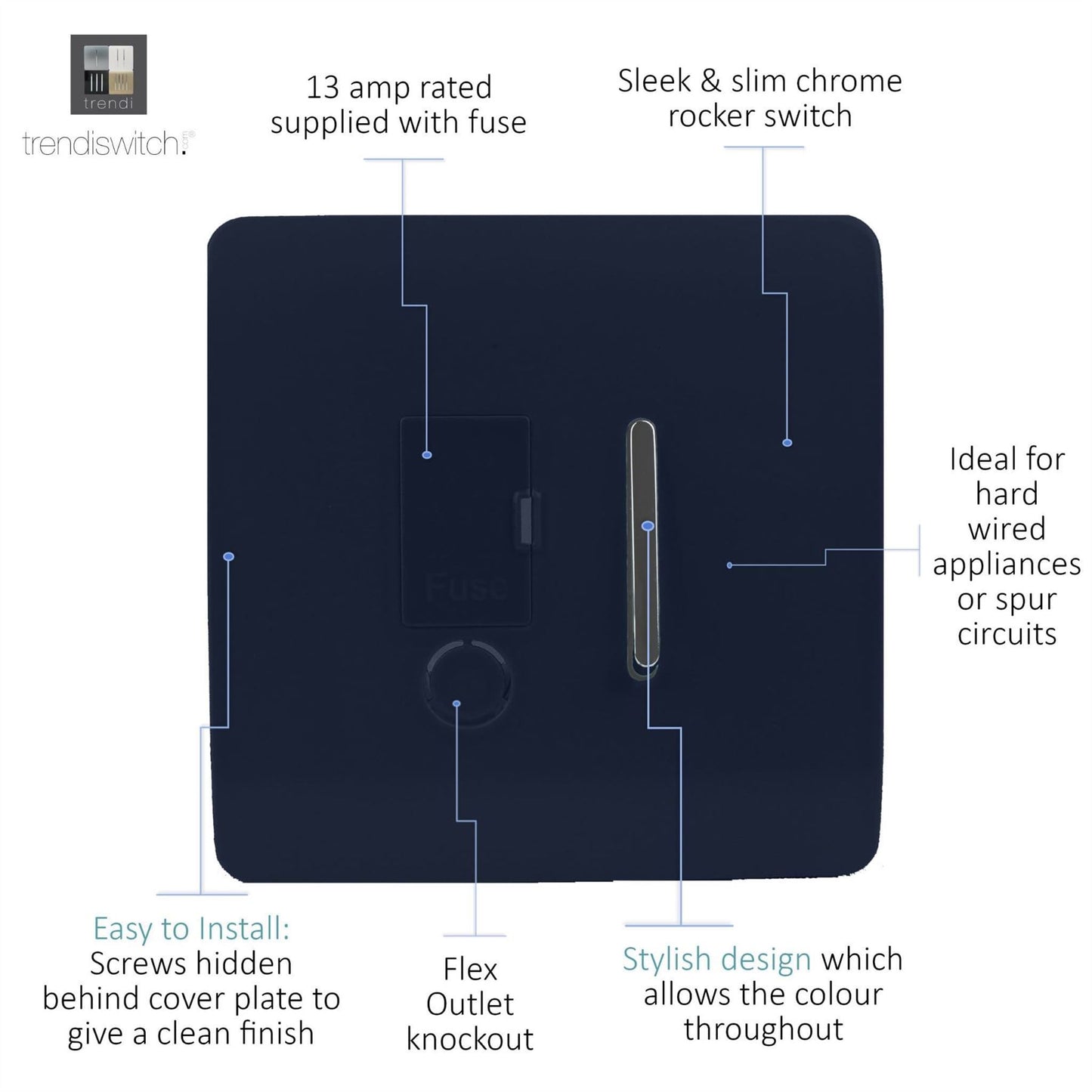 Trendi Switch 13 Amp Fused Spur with Flex Outletin Navy Blue