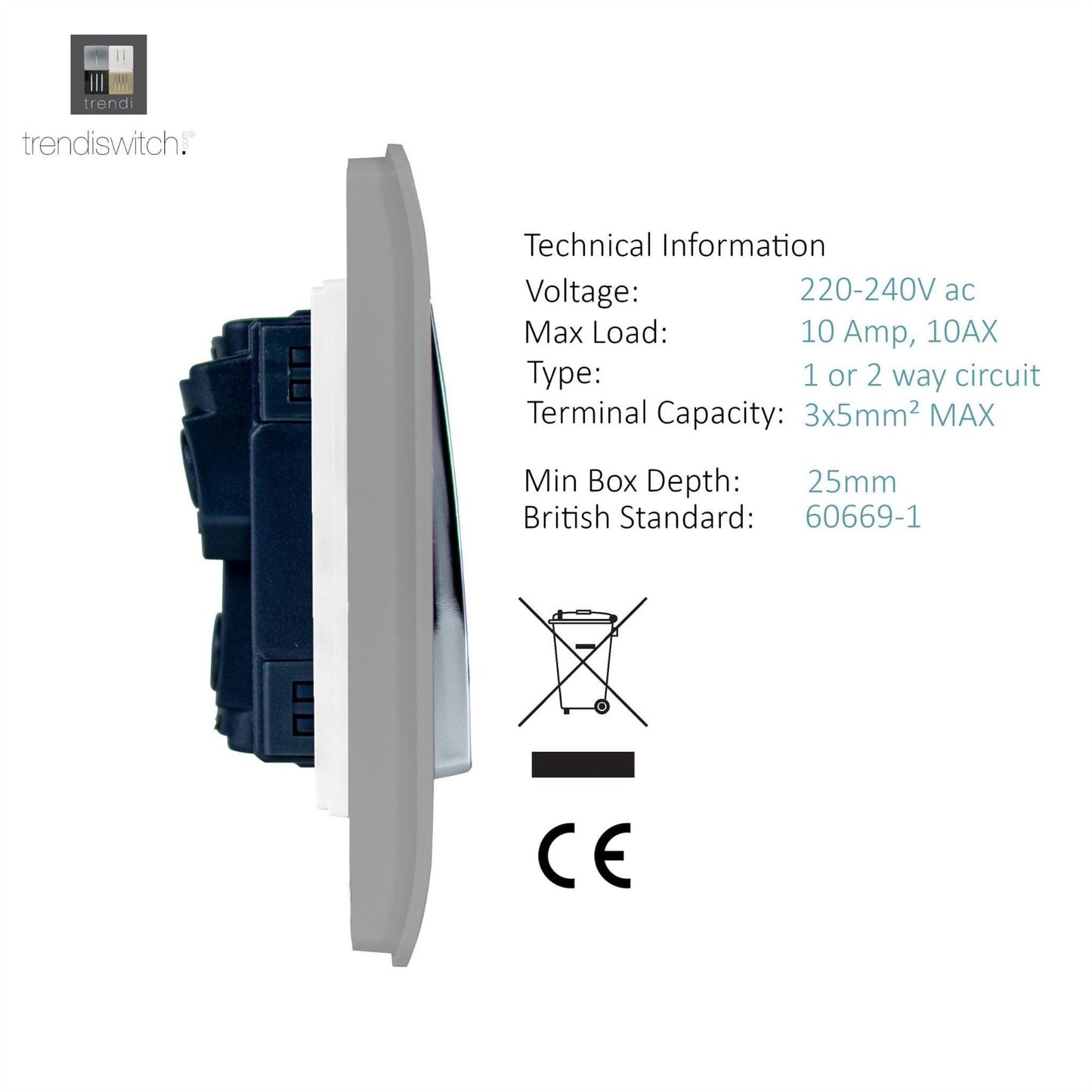 Trendi Switch 6 Gang 1 or 2 Way Light Switchin Light Grey