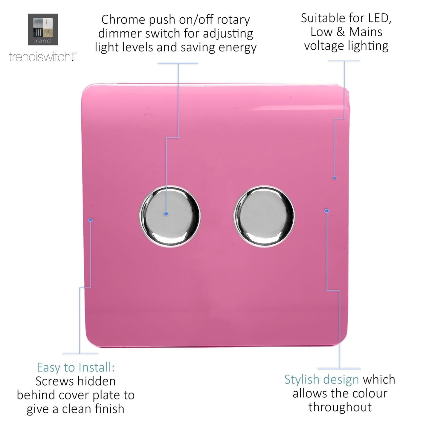 Trendi Switch 2 Gang 1 or 2 way 150w Rotary LED Dimmer Light Switchin Candy Pink