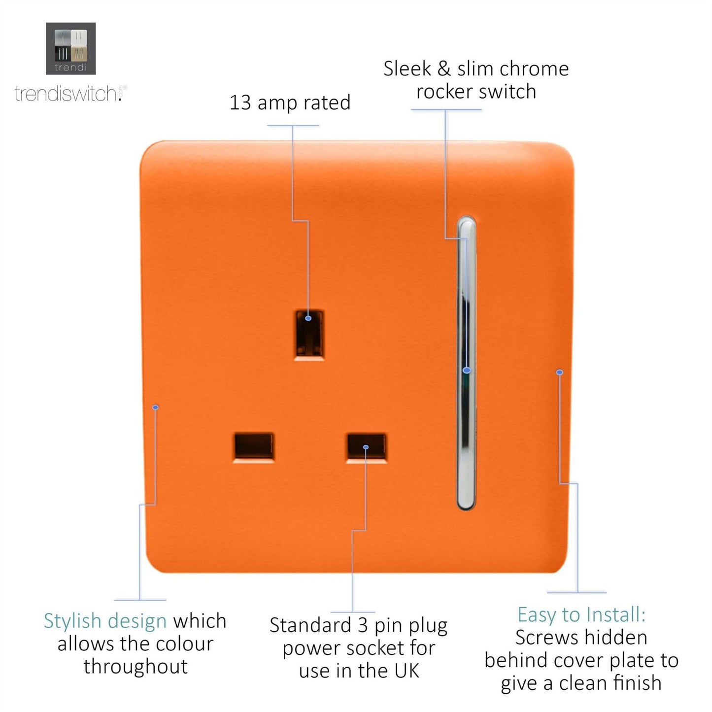 Trendi Switch 1 Gang 13 Amp Switched Plug Socketin Sunset Orange