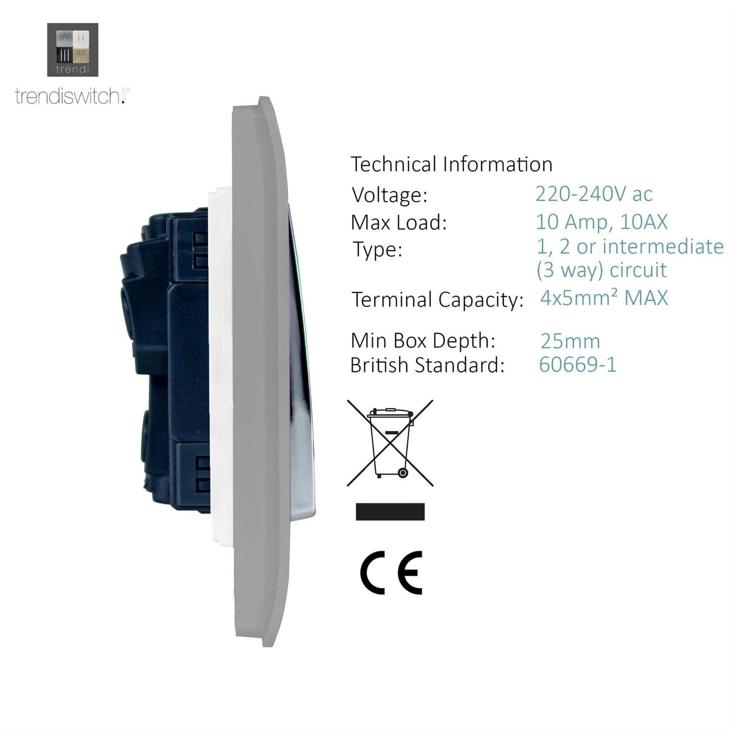 Trendi Switch 4 Gang Light Switch (2x 1 or 2 Way & 2 x Intermediate)in Light Grey