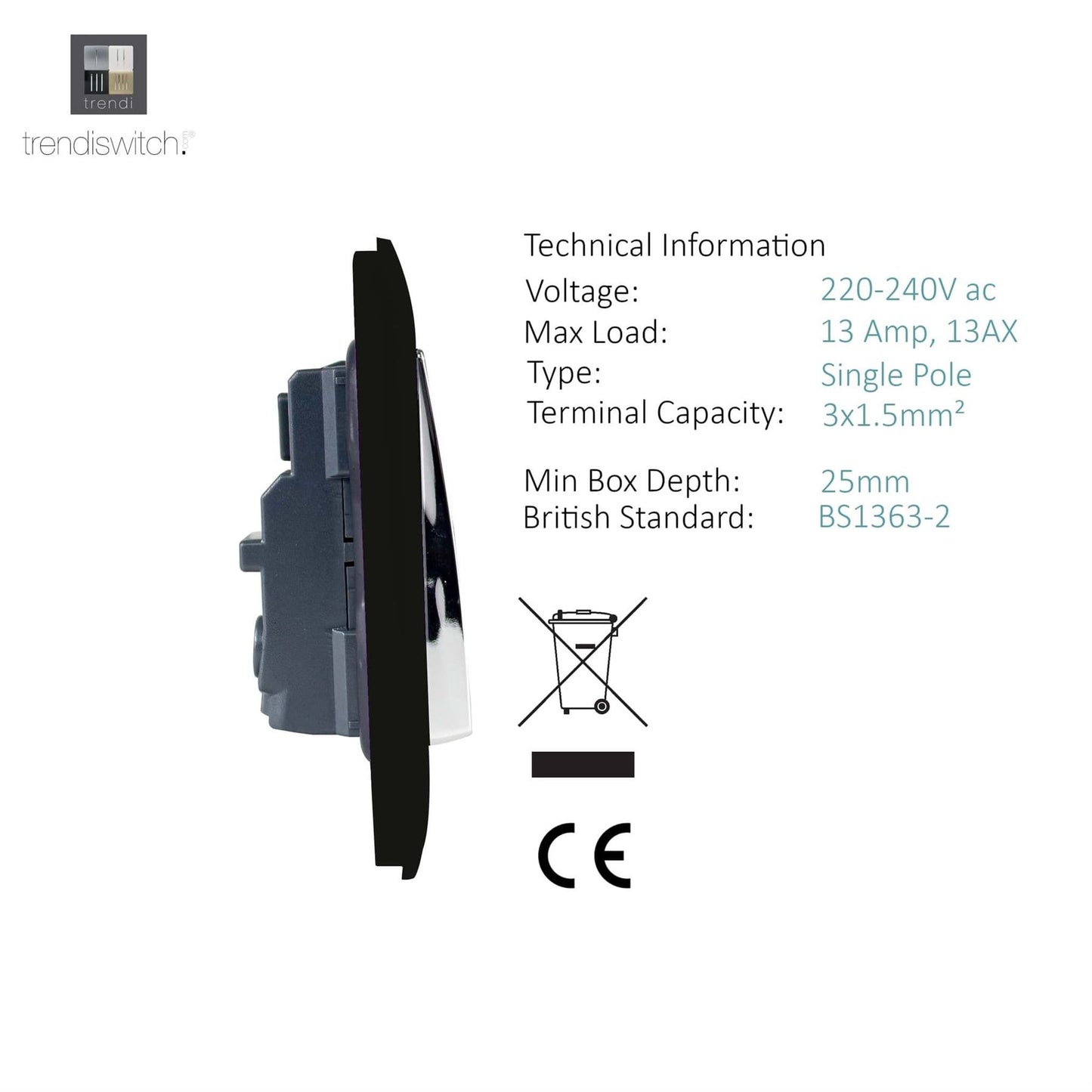 Trendi Switch 1 Gang 13 Amp Switched Plug Socketin Piano Black