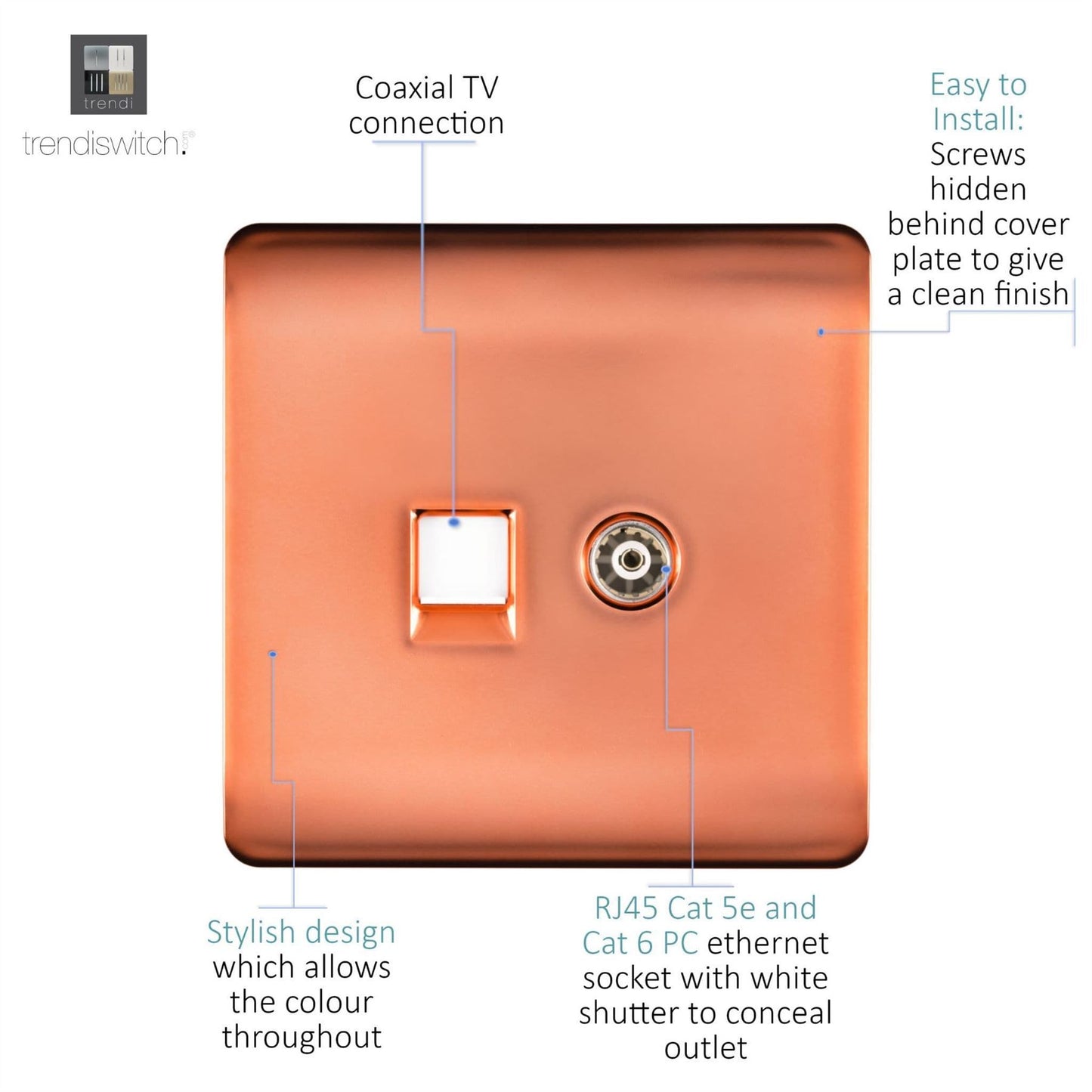 Trendi Switch 2 Gang Female TV Co-Axial & Telephone Slave Socketsin Copper
