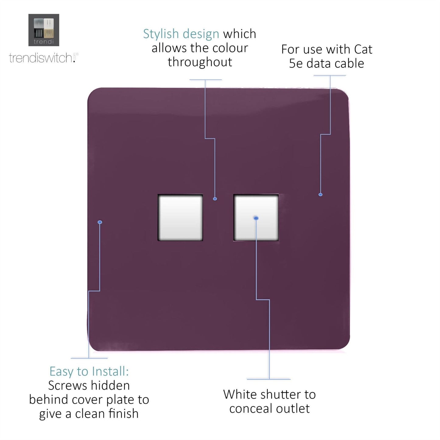 Trendi Switch 2 Gang RJ45 Cat 5e PC Ethernet Socketin Plum Purple
